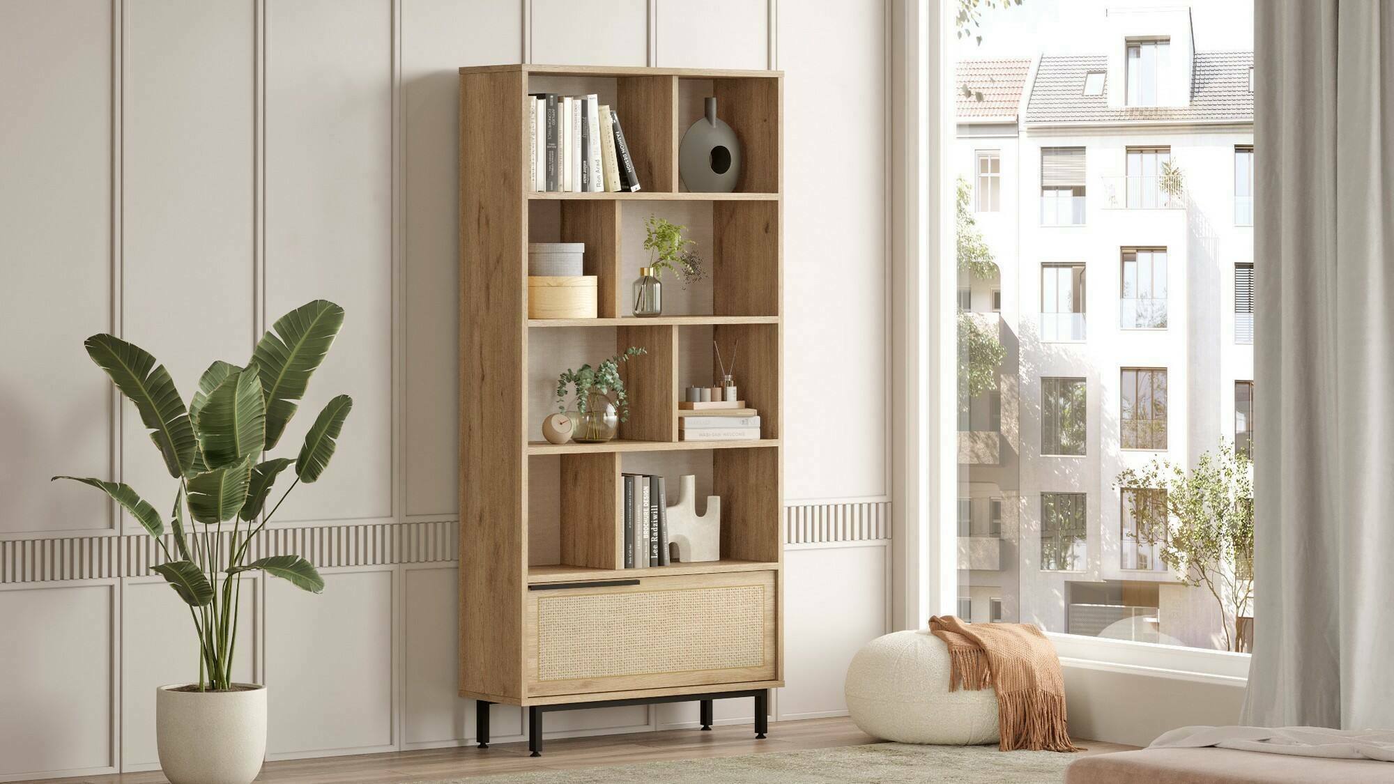 Libreria Gerusalem, Scaffale da ufficio, Mobile portalibri, Biblioteca, 84x30 h176 cm, Noce e Quercia