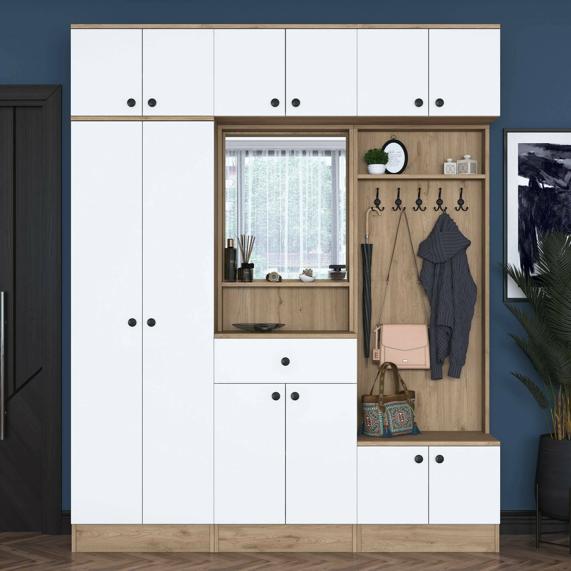 Mobile da ingresso Adonis, Entratina appendiabiti, Composizione per atrio, Consolle portaoggetti multifunzione, 180x38 h226 cm, Noce e Bianco