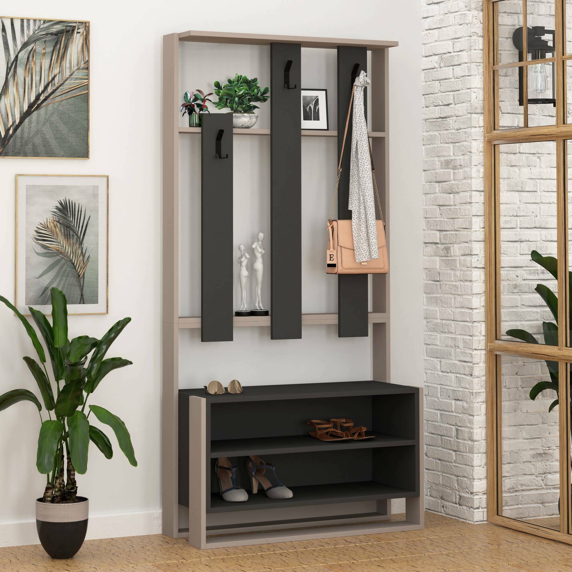 Mobile da ingresso Toraji, Entratina appendiabiti, Composizione per atrio, Consolle portaoggetti multifunzione, 90x36 h180 cm, Beige e Antracite
