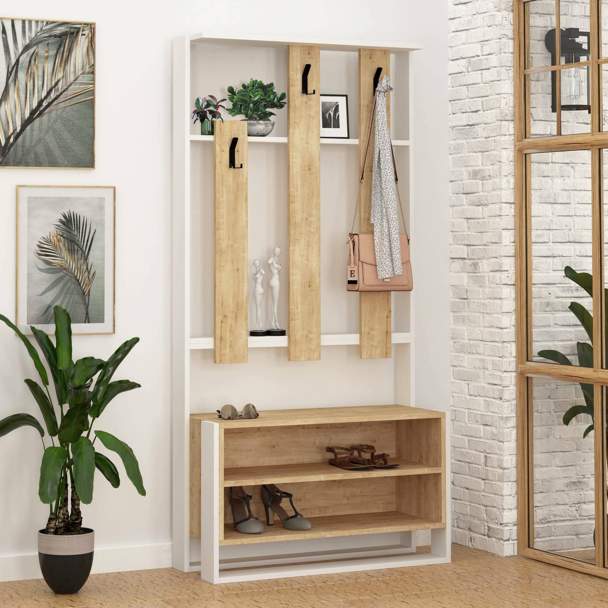 Mobile da ingresso Toraji, Entratina appendiabiti, Composizione per atrio, Consolle portaoggetti multifunzione, 90x36 h180 cm, Bianco e Quercia
