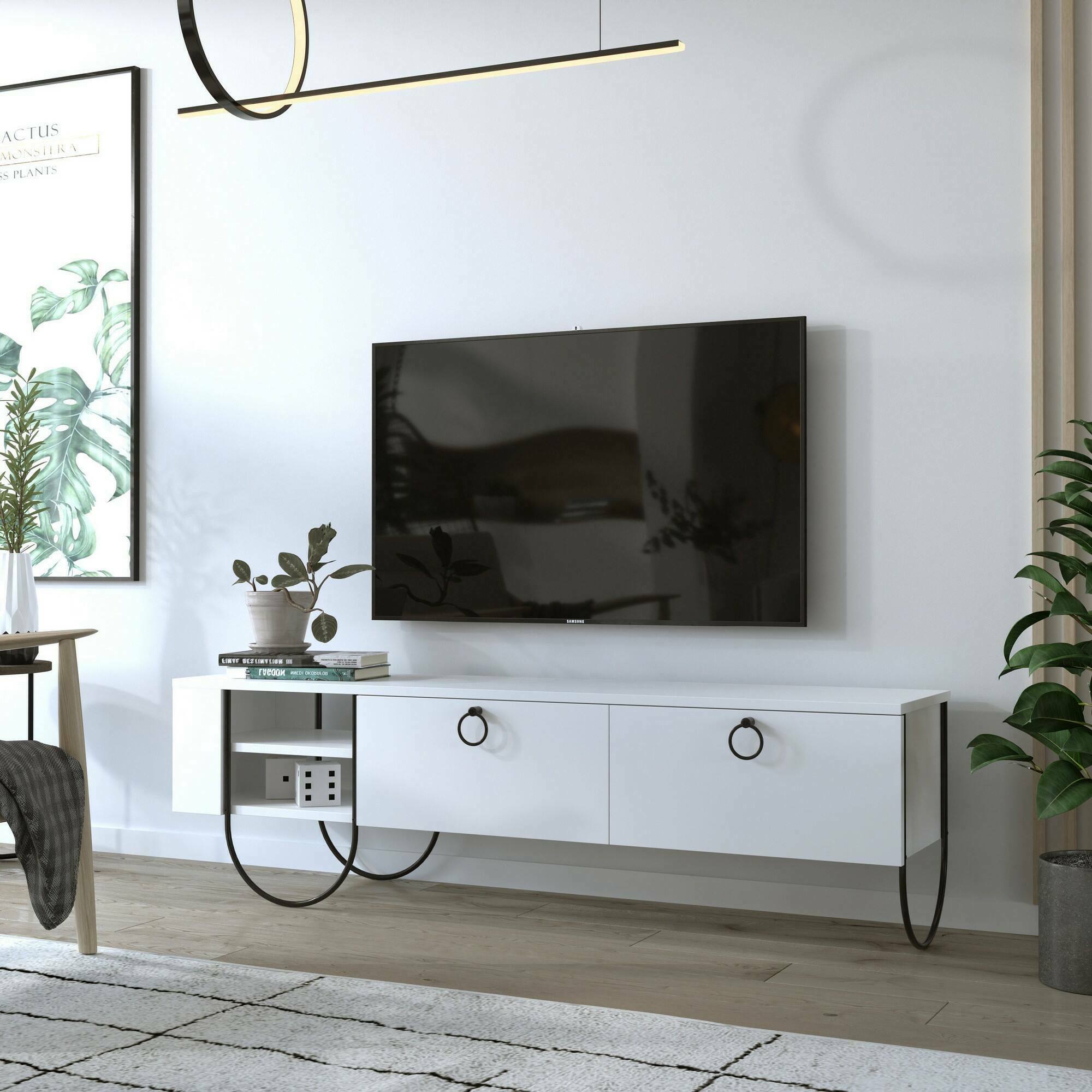 Mobile porta TV Adige, Credenza da soggiorno, Armadio basso per TV, Base parete attrezzata, 150x36 h44 cm, Bianco