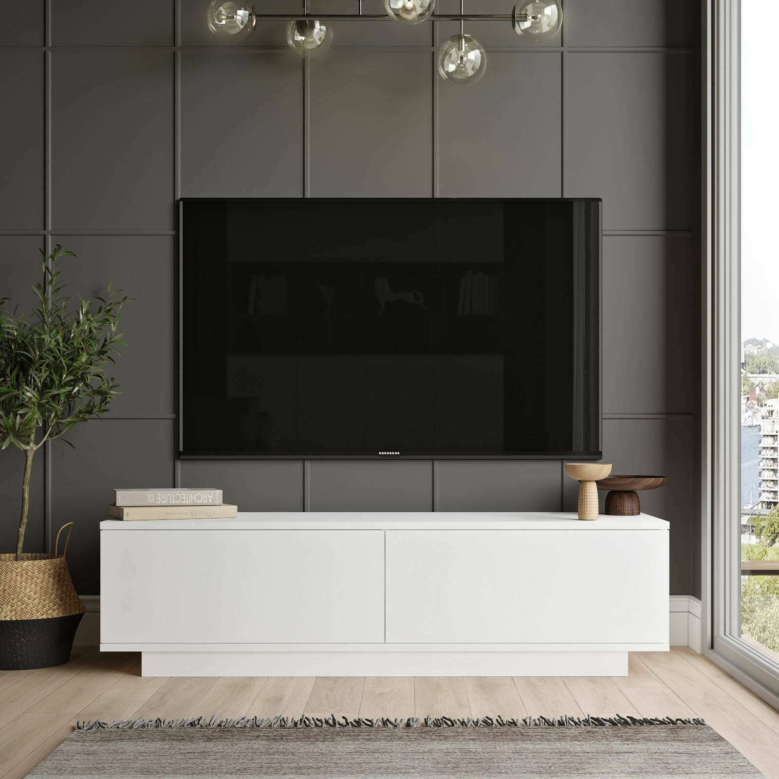 Mobile porta TV Kenneth, Credenza da soggiorno, Armadio basso per TV, Base parete attrezzata, 140x36 h38 cm, Bianco