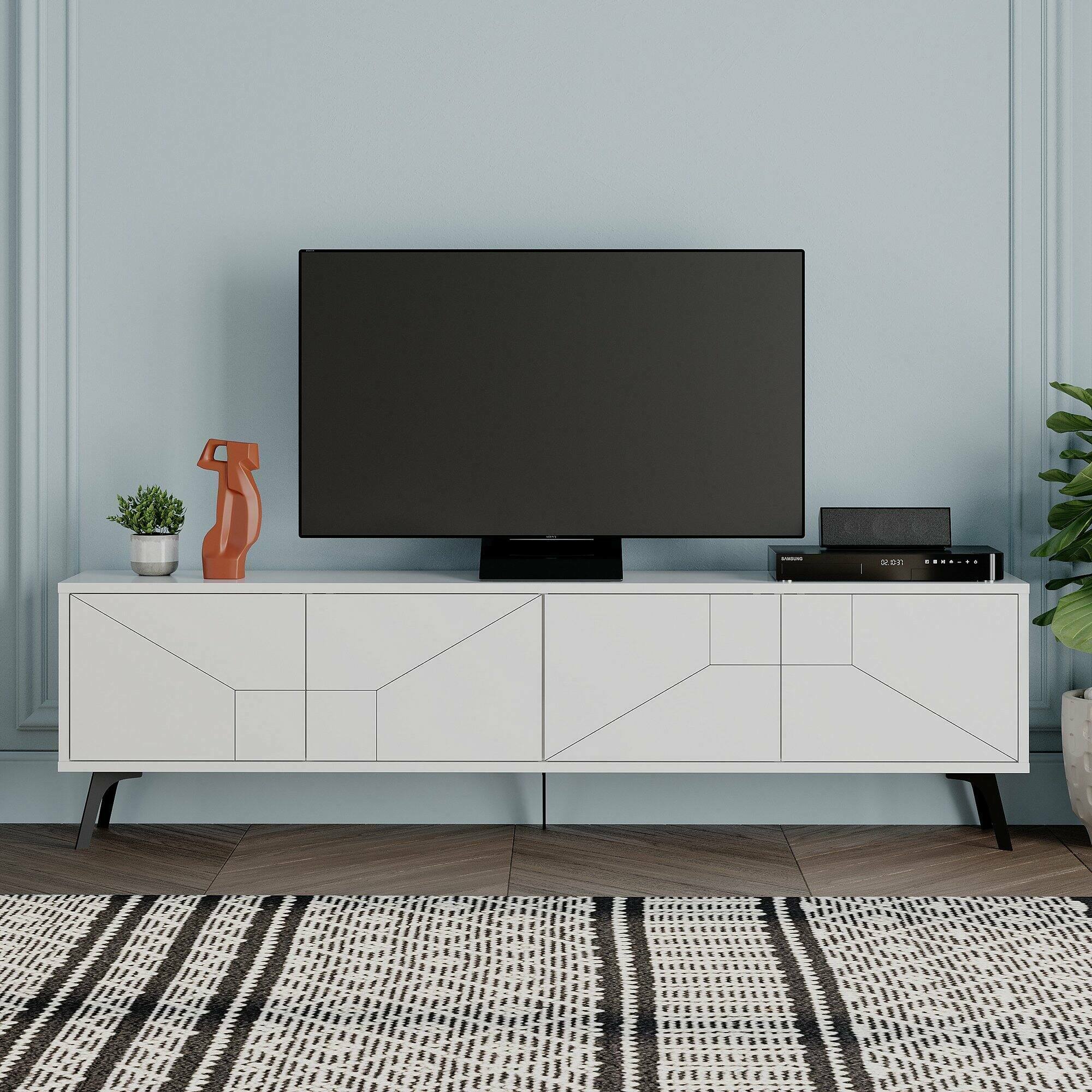 Mobile porta TV OlgadiKiev, Credenza da soggiorno, Armadio basso per TV, Base parete attrezzata, 180x30 h50 cm, Bianco
