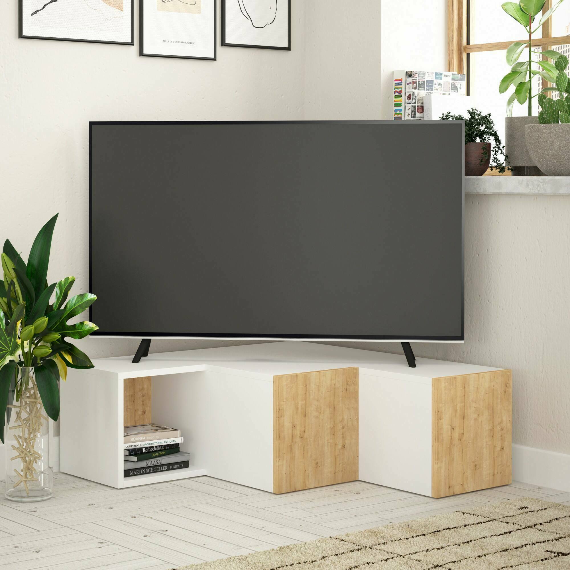 Mobile porta TV Malachie, Credenza da soggiorno, Armadio basso per TV, Base parete attrezzata, 90x92 h32 cm, Bianco e Quercia