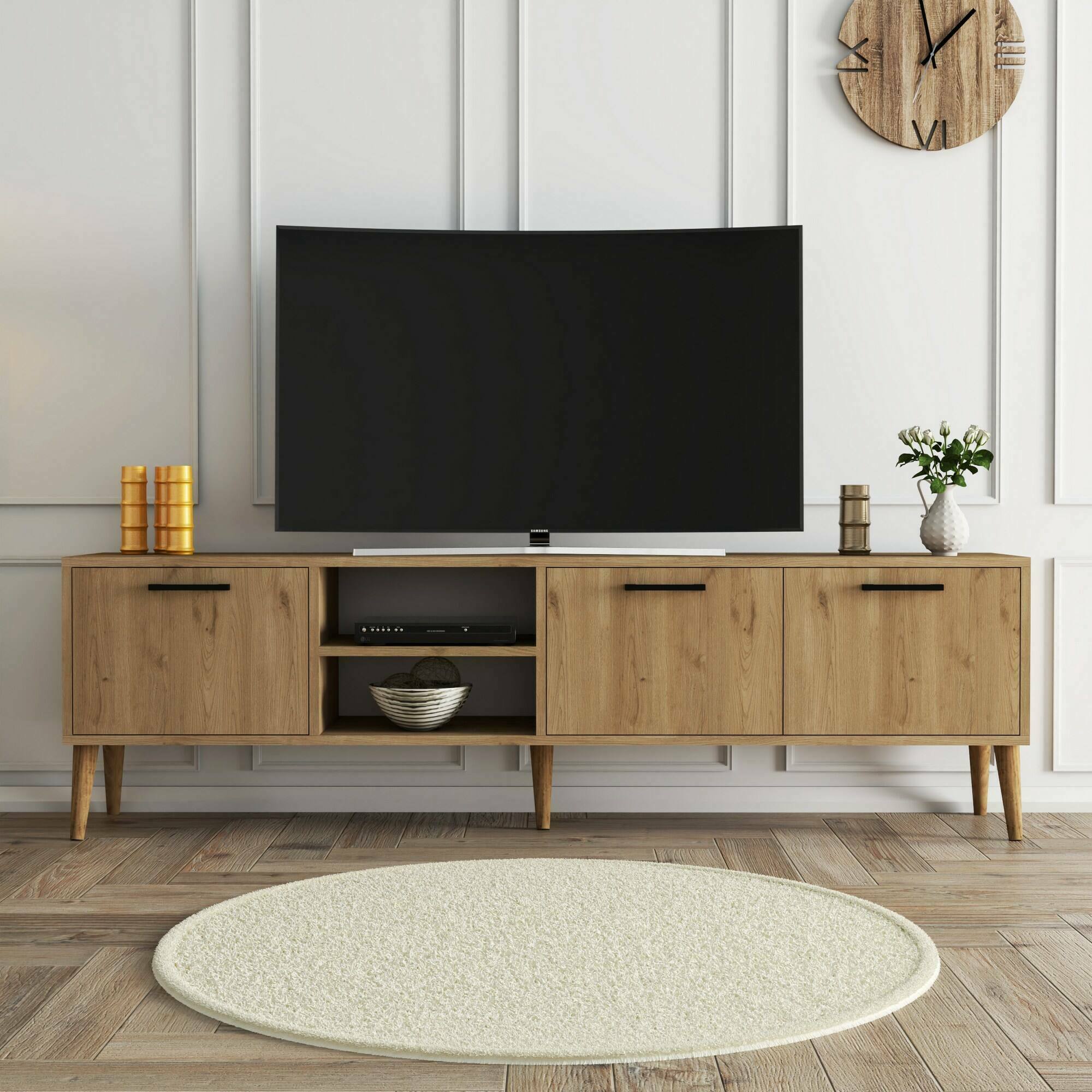 Mobile porta TV Brugine, Credenza da soggiorno, Armadio basso per TV, Base parete attrezzata, 180x35 h53 cm, Quercia