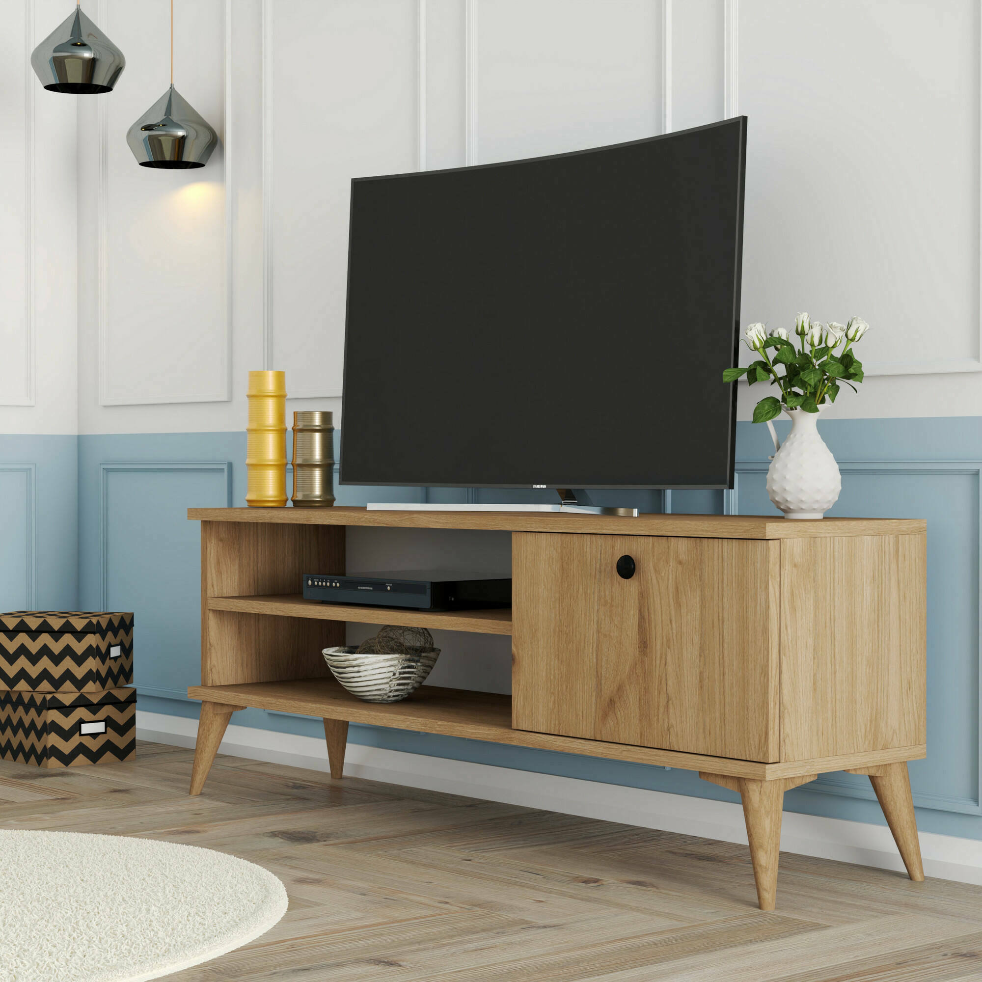 Mobile porta TV Muqdisho, Credenza da soggiorno, Armadio basso per TV, Base parete attrezzata, 120x30 h45 cm, Quercia