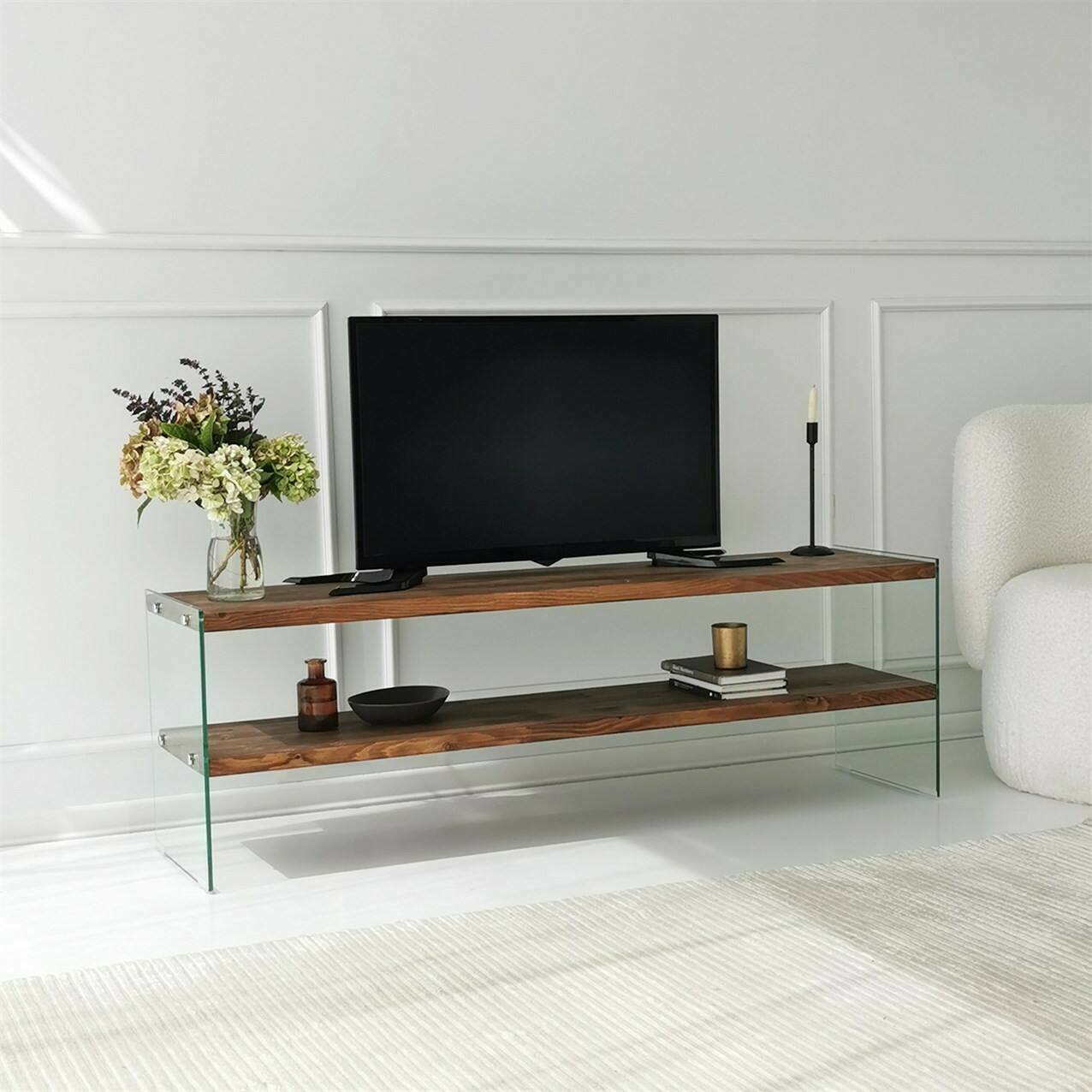 Mobile porta TV Umbria, Credenza da soggiorno, Armadio basso per TV, Base parete attrezzata, 140x35 h45 cm, Marrone e Trasparente
