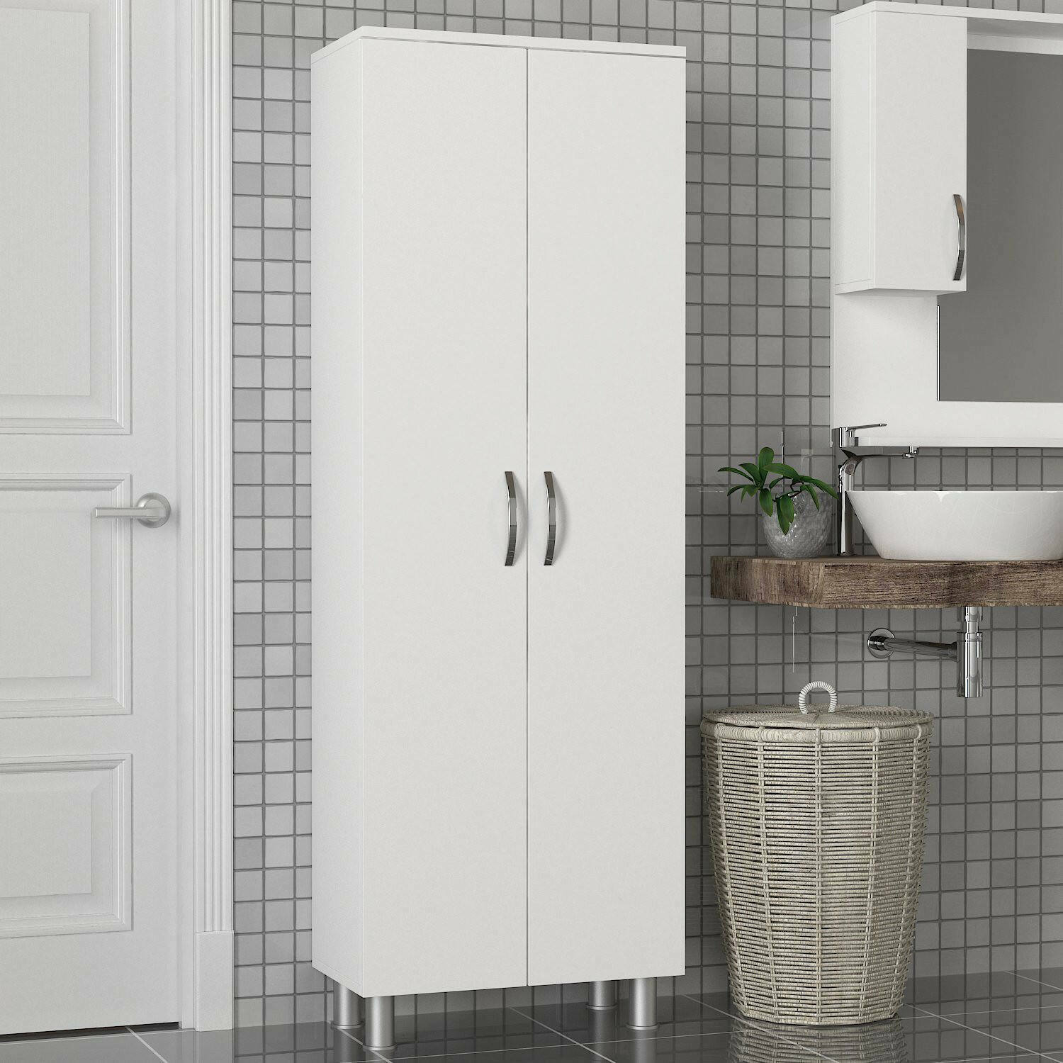Armadio multiuso 2 ante Vincent, Mobile multifunzionale, Mobiletto scarpiera, Guardaroba porta scarpe, 59x32 h162 cm, Bianco