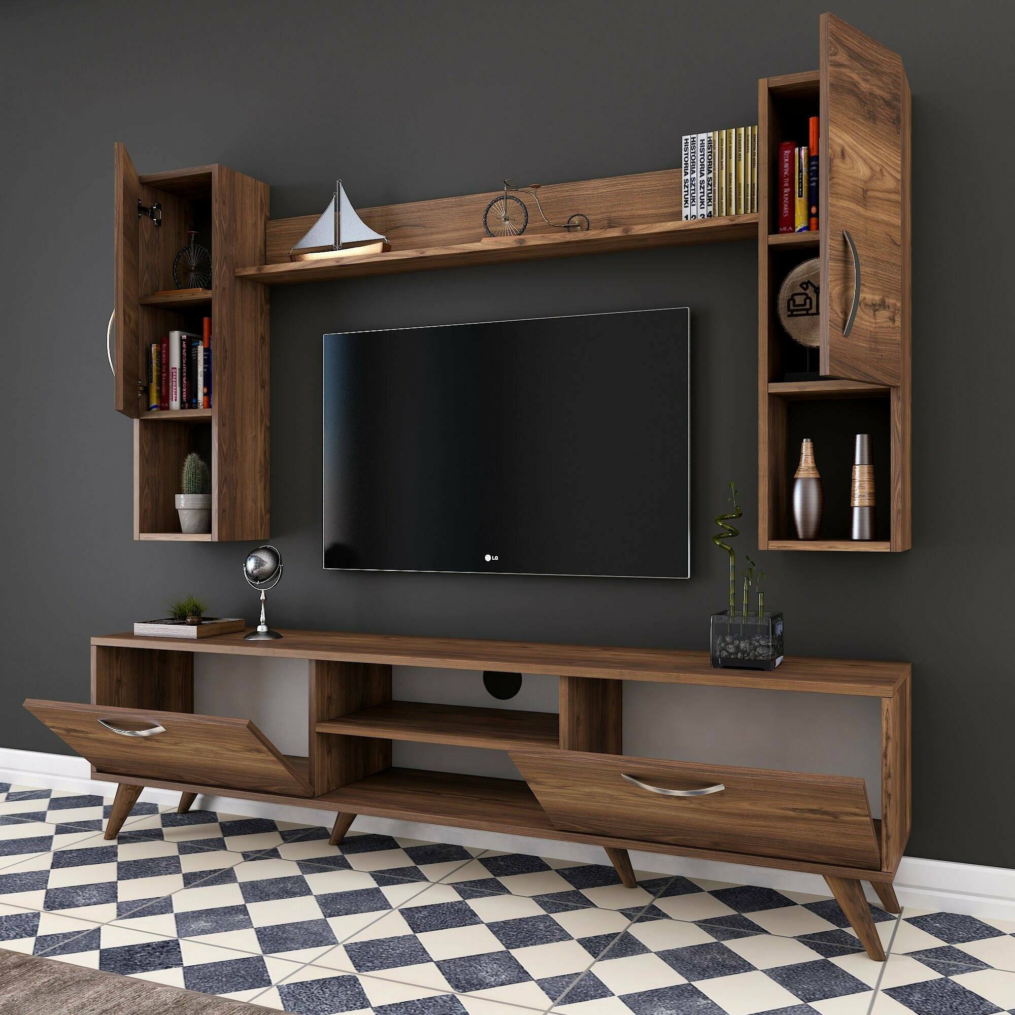 Parete attrezzata Tino, Composizione soggiorno, Mobile salotto multiuso, Armadio porta TV, 180x35 h49 cm, Noce