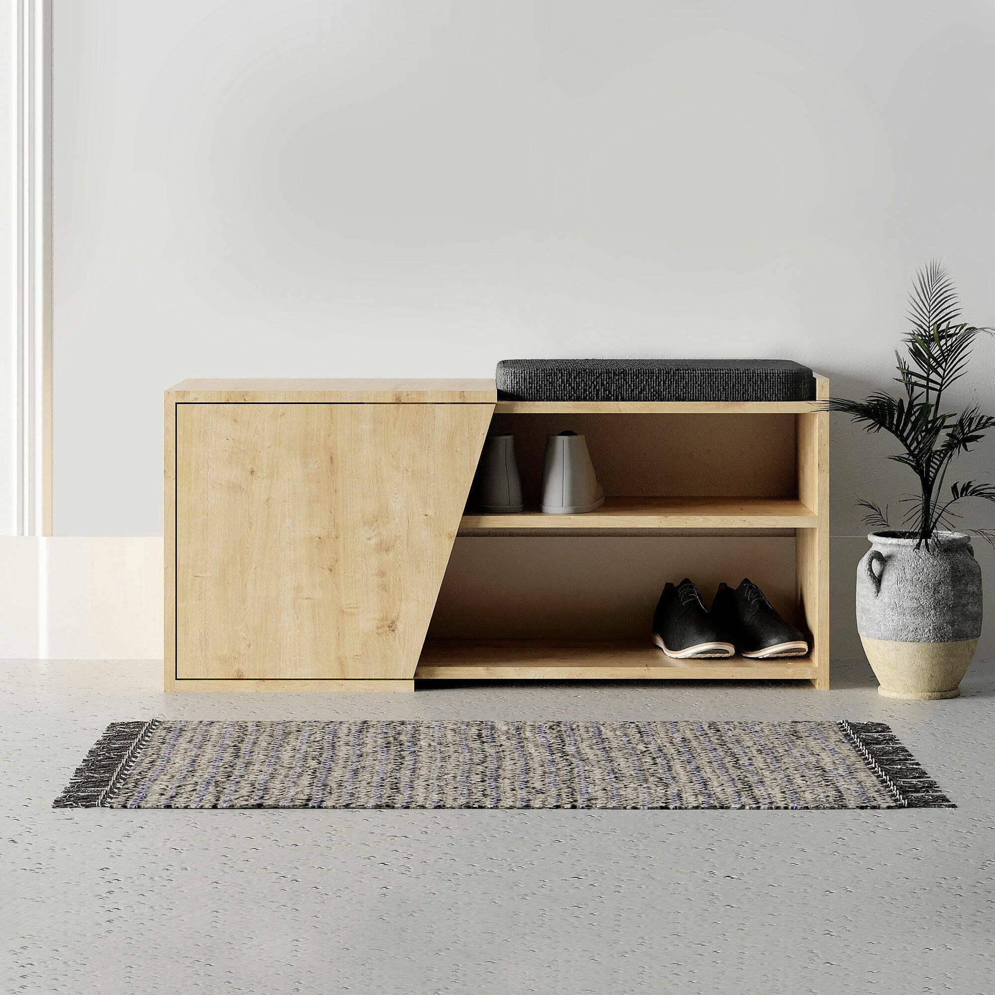Scarpiera Neneng, Mobile portascarpe, Armadio da ingresso multiuso, Mobiletto per calzature, 104x47 h37 cm, Quercia