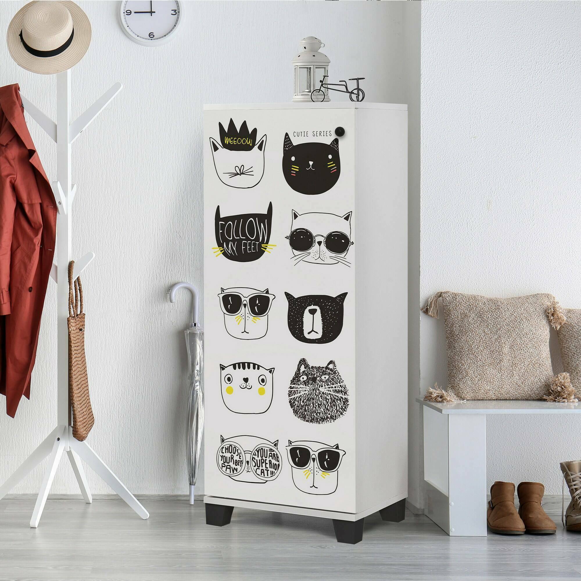 Scarpiera Kika, Mobile portascarpe, Armadio da ingresso multiuso, Mobiletto per calzature, 50x38 h127 cm, Bianco e Nero