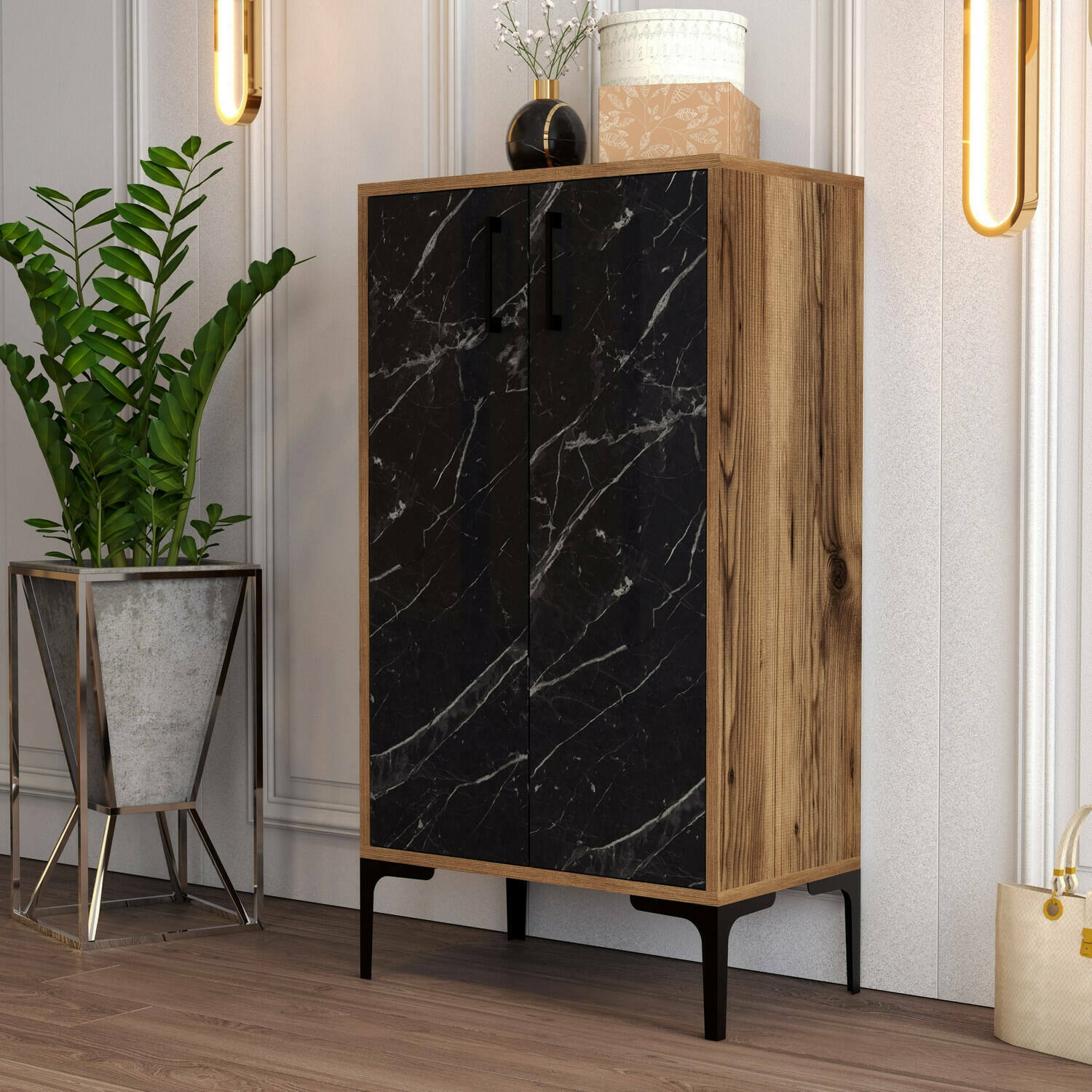 Scarpiera Ngerulmud, Mobile portascarpe, Armadio da ingresso multiuso, Mobiletto per calzature, 60x35 h111 cm, Noce e Nero