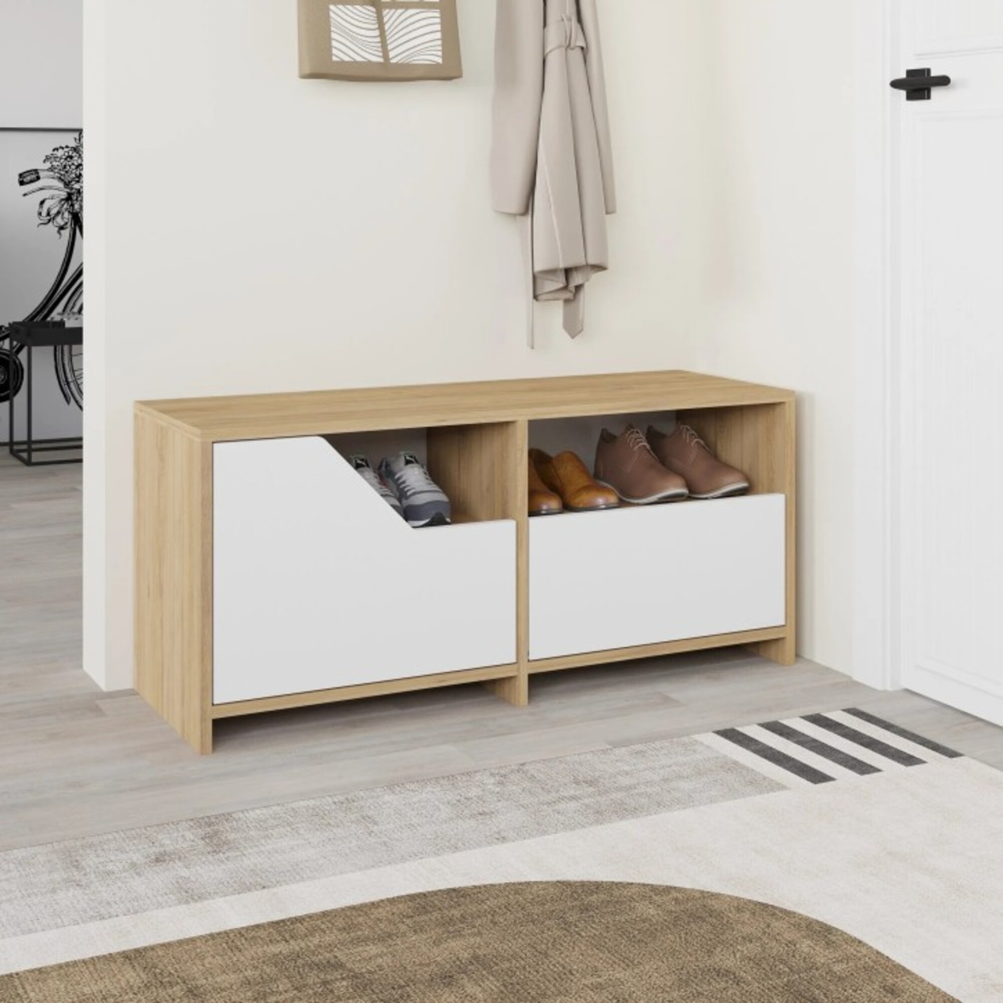Scarpiera Berto, Mobile portascarpe, Armadio da ingresso multiuso, Mobiletto per calzature, 105x37 h47 cm, Quercia e Bianco