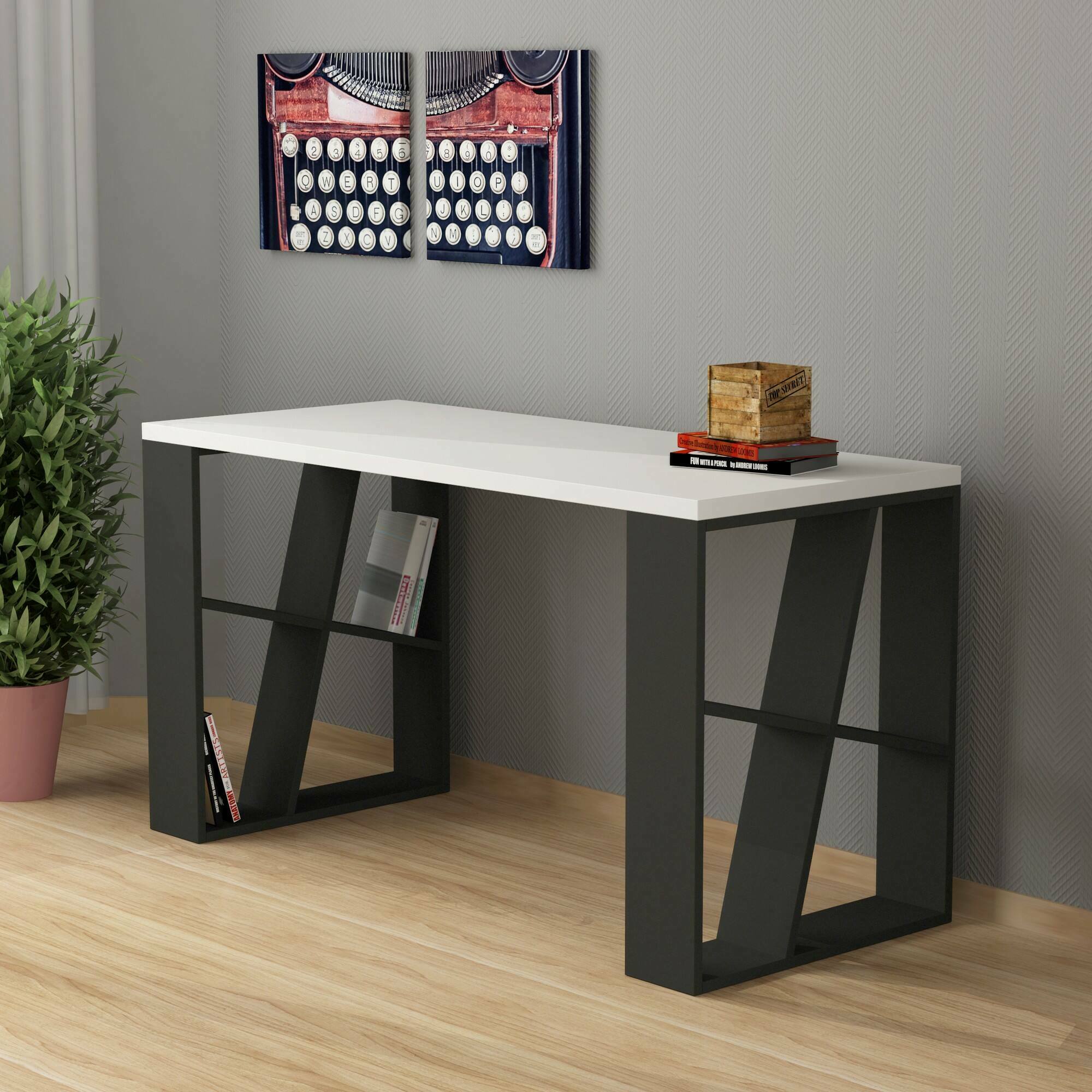 Scrivania Eloi, Scrittoio multiuso, Tavolo per ufficio porta PC, Piano di lavoro, 140x60 h75 cm, Bianco e Antracite