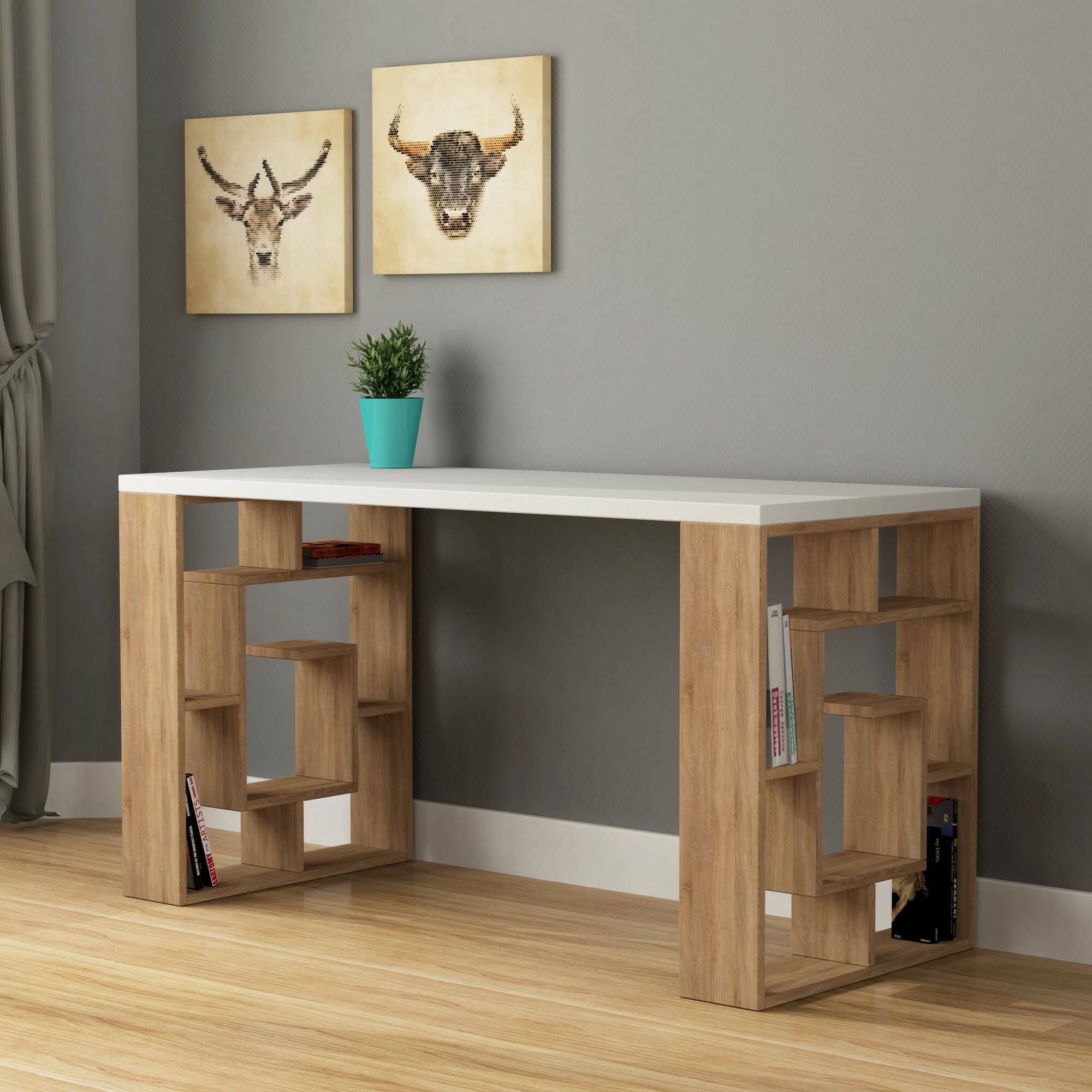 Scrivania Archidamia, Scrittoio multiuso, Tavolo per ufficio porta PC, Piano di lavoro, 140x60 h75 cm, Bianco e Quercia