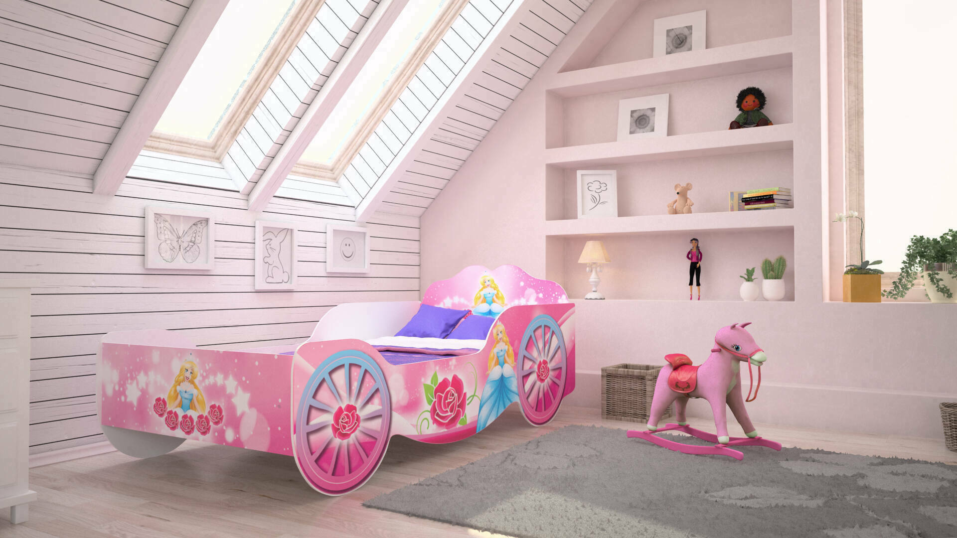 Letto per bambini Malvarosa, Lettino per cameretta, Set camera da letto, Struttura porta materasso, 84x165 h49 cm, Rosa