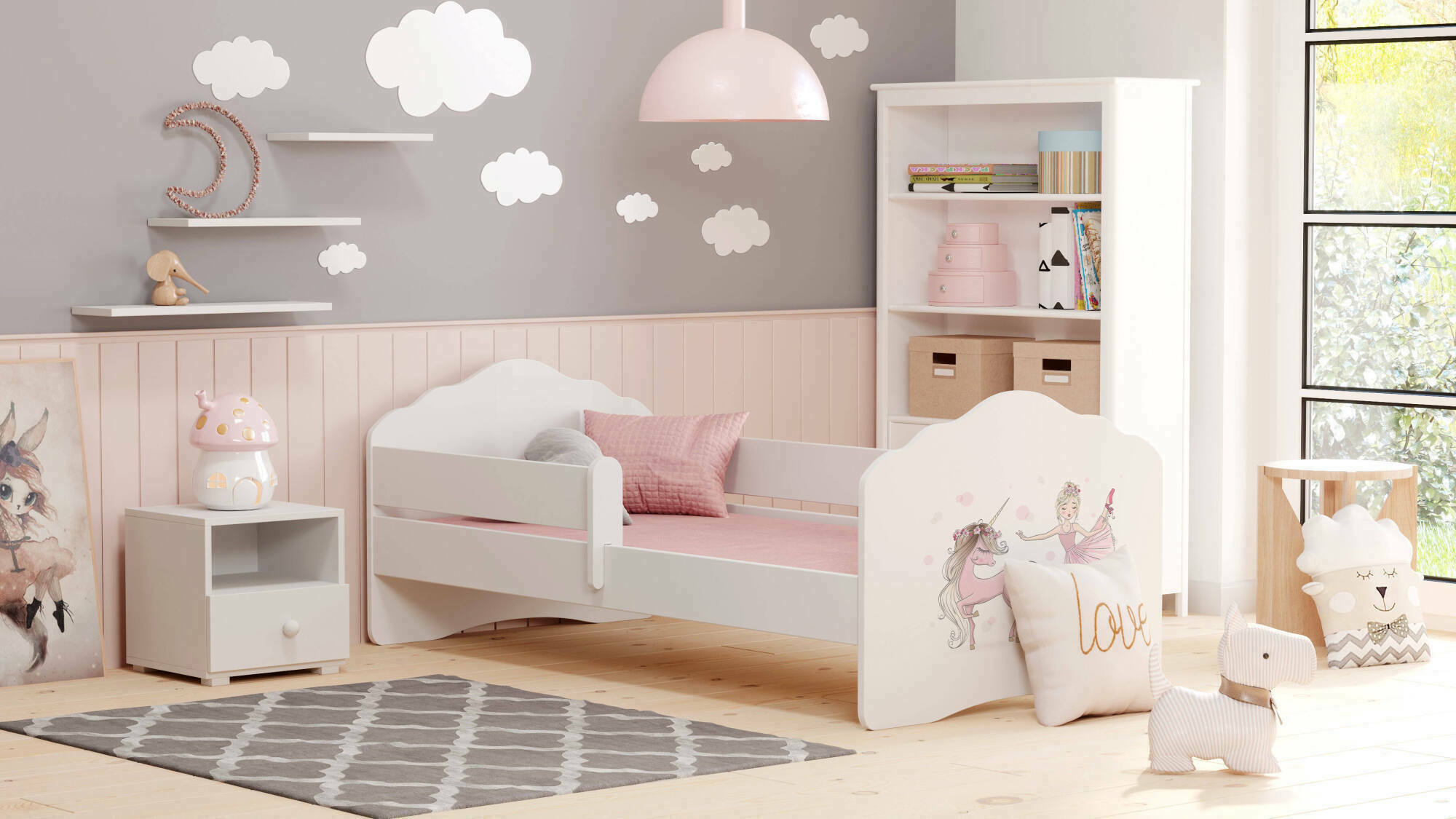 Letto per bambini Seymour, Lettino per cameretta, Set camera da letto, Struttura porta materasso, 78x144 h65 cm, Bianco con unicorno