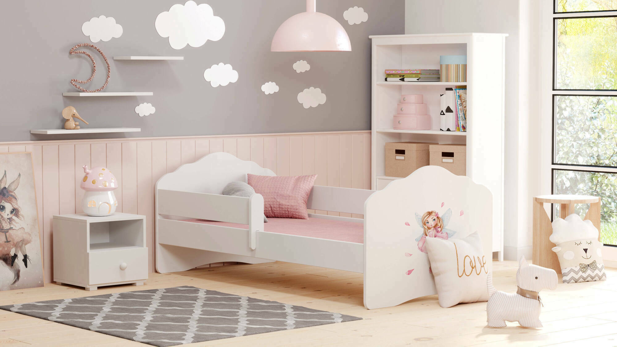 Letto per bambini Komen, Lettino per cameretta, Set camera da letto, Struttura porta materasso, 85x164 h63 cm, Bianco con Fatina