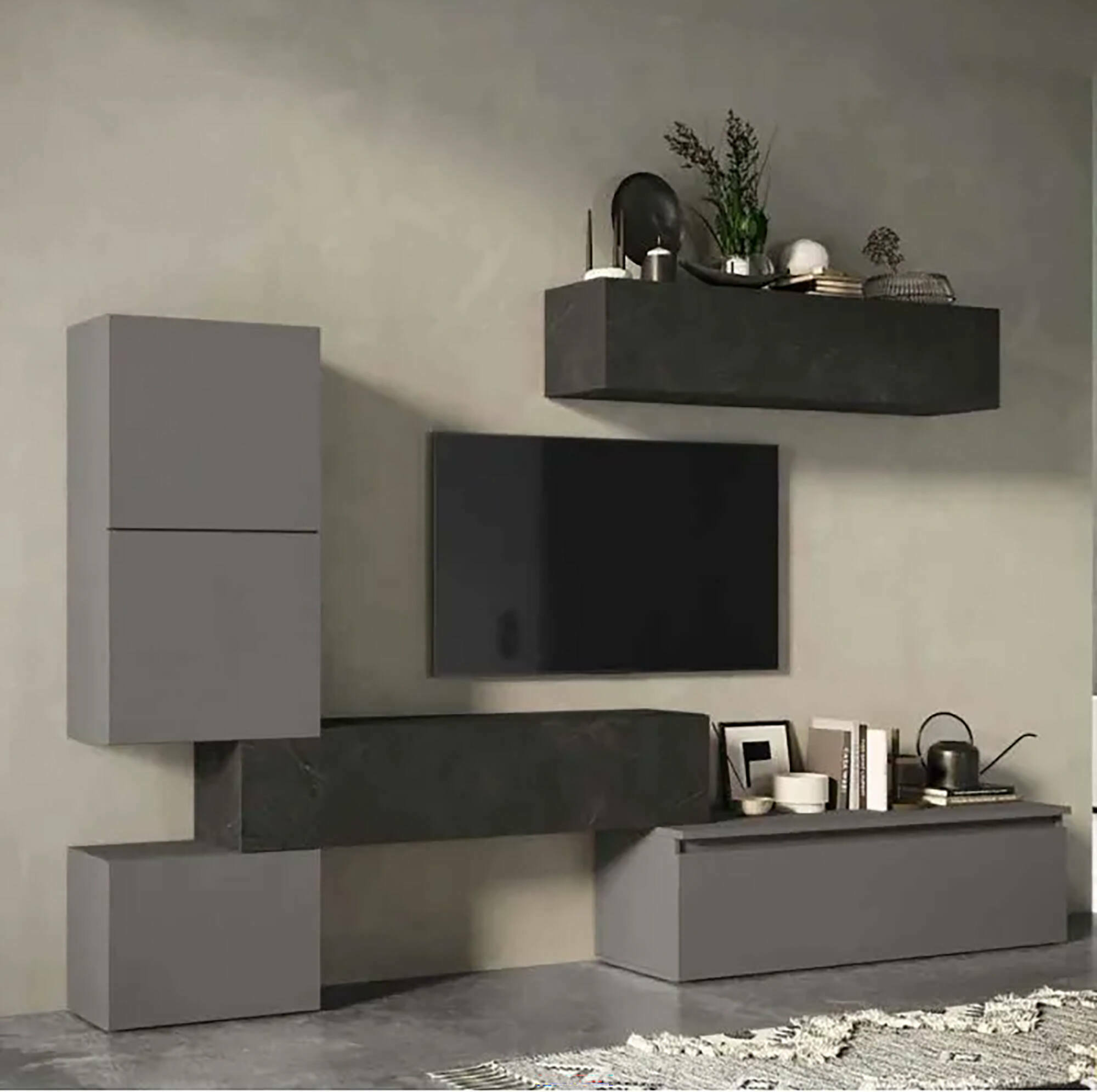 Parete attrezzata Nana, Composizione soggiorno, Mobile salotto multiuso, Armadio porta TV, Made in Italy, 290x40 h190 cm, Ardesia e Grigio scuro