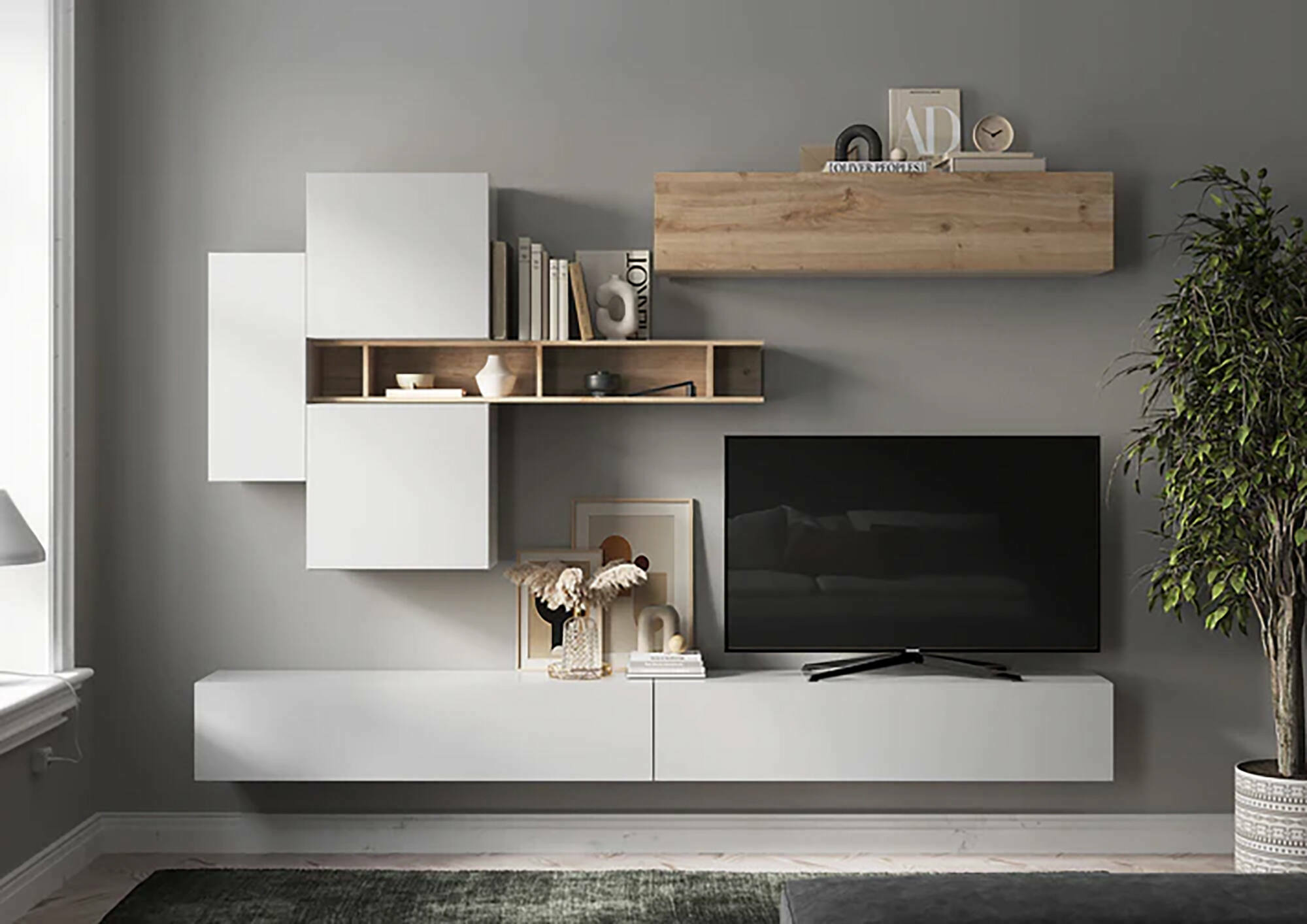 Parete attrezzata Nate, Composizione soggiorno, Mobile salotto multiuso, Armadio porta TV, Made in Italy, 276x30 h210 cm, Bianco lucido e Rovere