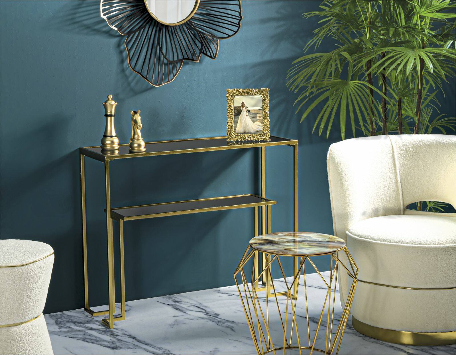 Consolle Jackson, Tavolo multiuso, Mobiletto d'appoggio, Scrivania da corridoio, 100x35 h80 cm, Oro