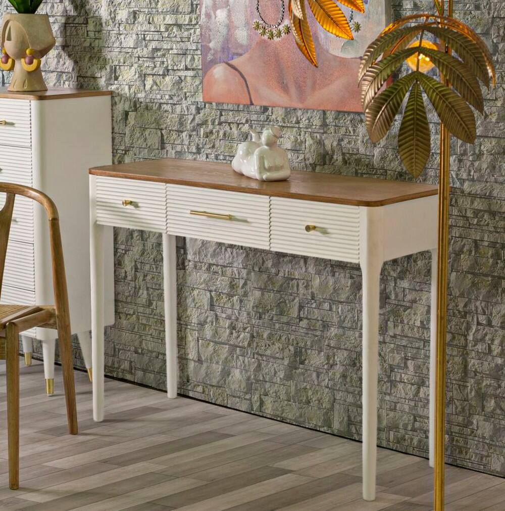 Consolle Crypto, Tavolo multiuso, Mobiletto d'appoggio, Scrivania da corridoio, 107x37 h80 cm, Bianco e Marrone