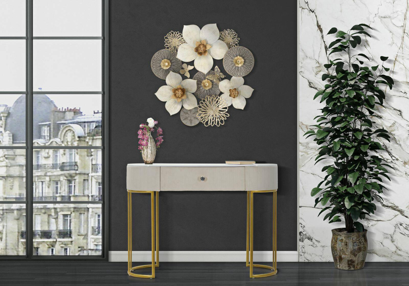 Consolle Abstraktes , Tavolo multiuso, Mobiletto d'appoggio, Scrivania da corridoio, 100x40 h75 cm, Crema e Bianco