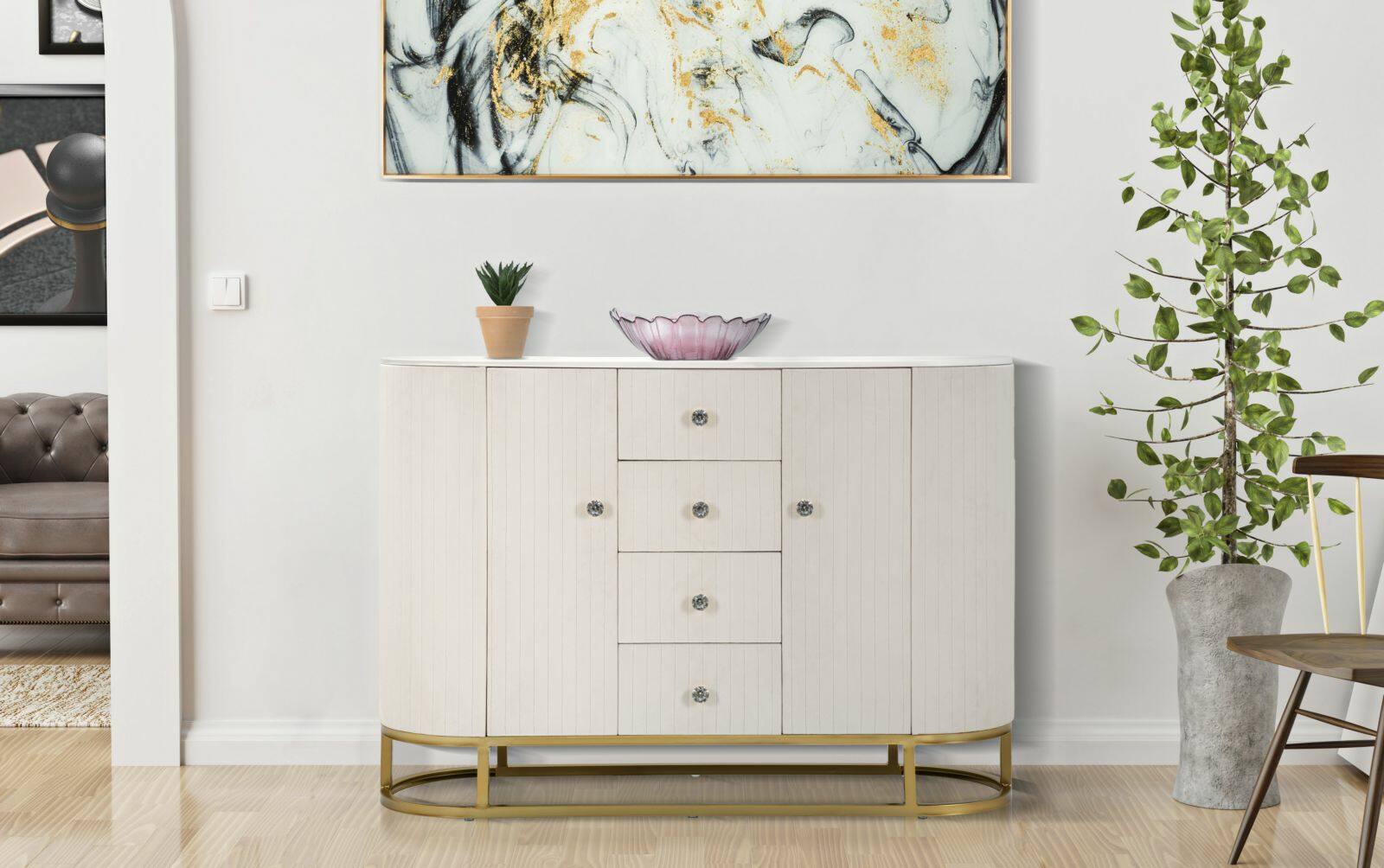 Credenza Lodovico, Buffet da soggiorno, Madia da salotto, Dispensa da cucina, 120x40 h85 cm, Crema e Bianco