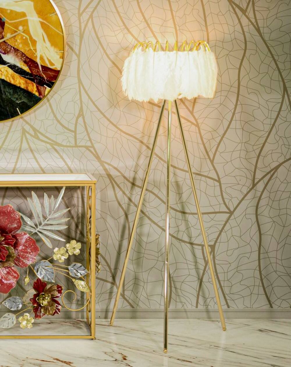 Image of Lampada da terra Millefleur, Luce da terra, Lampada da pavimento, Lampada a stelo, 46x46 h147 cm, Bianco e Oro