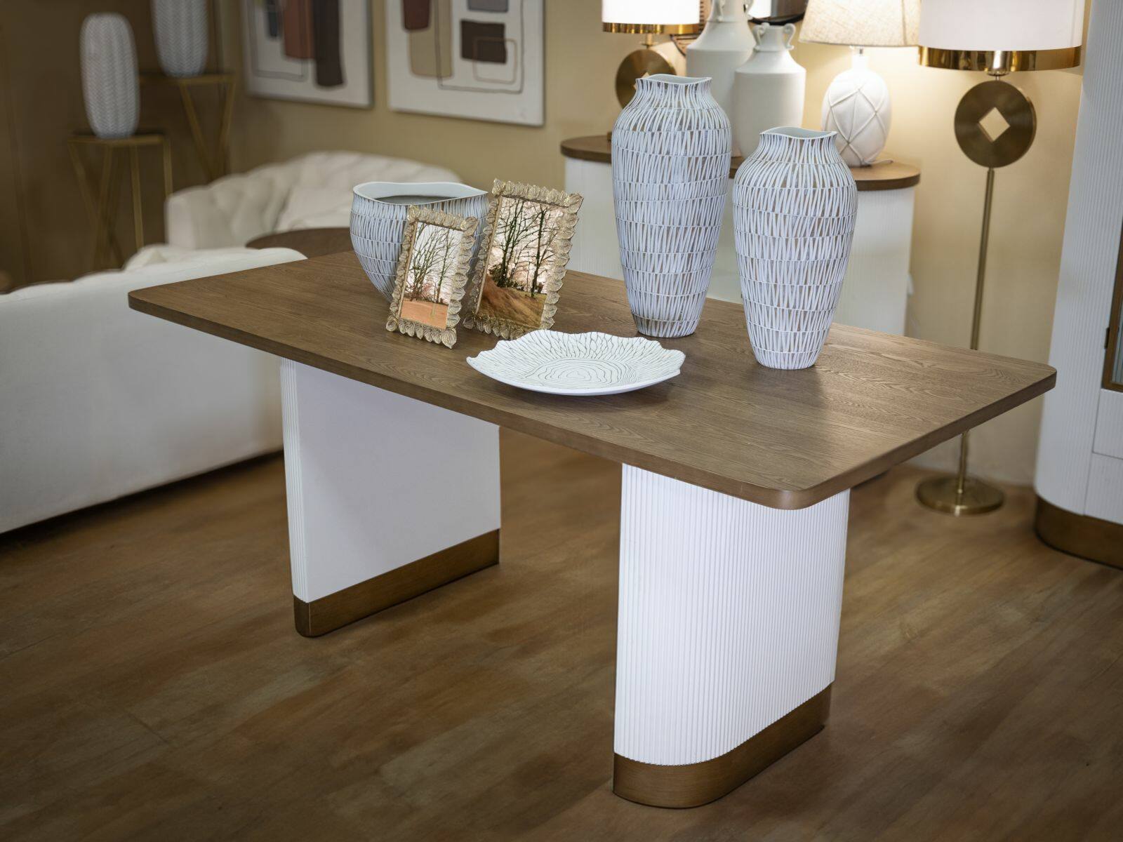 Tavolo fisso Brian, Ripiano da cucina, Consolle per sala da pranzo, Ripiano rettangolare fisso, 180x90 h76 cm, Bianco e Marrone
