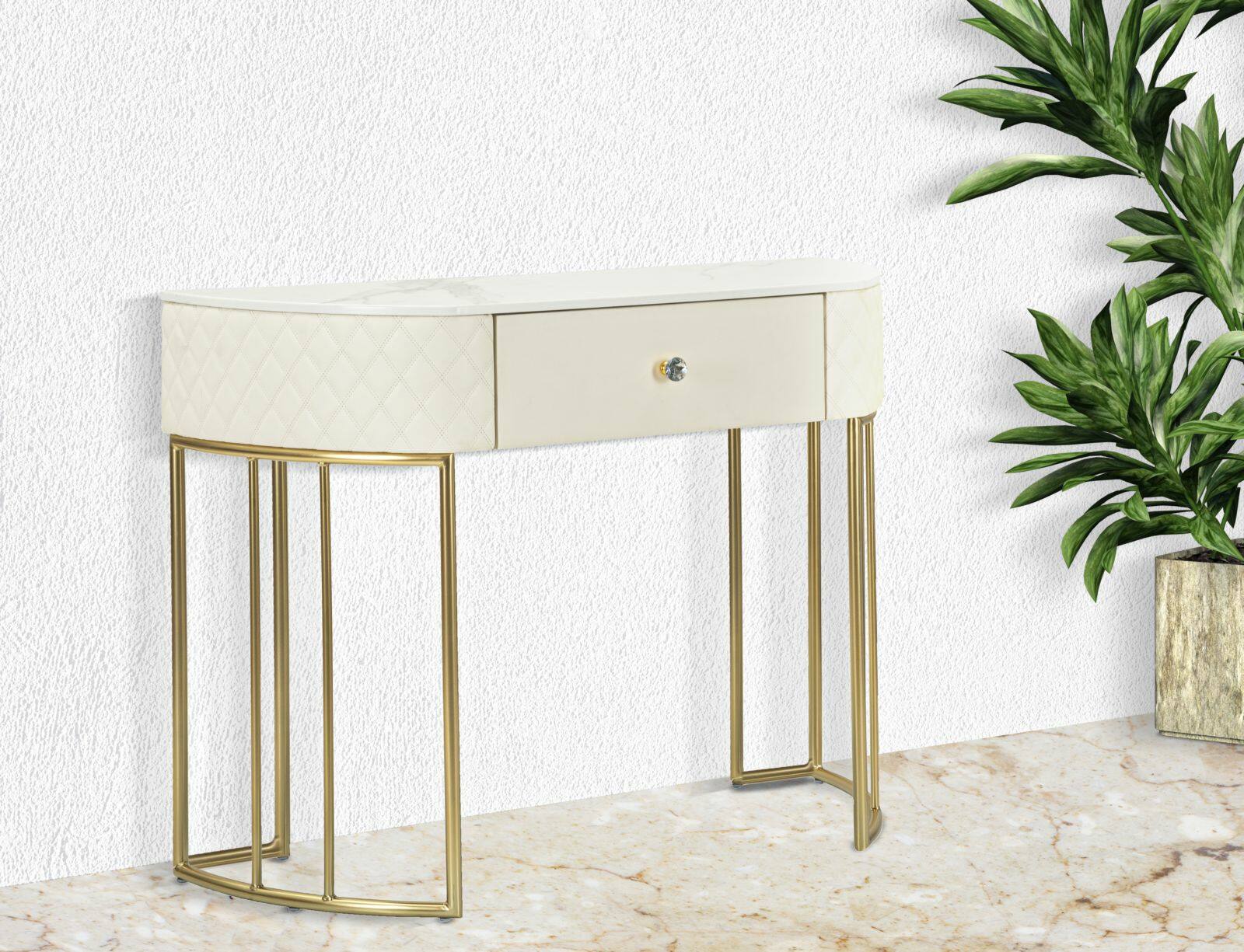 Consolle Niccolo, Tavolo multiuso, Mobiletto d'appoggio, Scrivania da corridoio, 100x40 h75 cm, Bianco e Oro