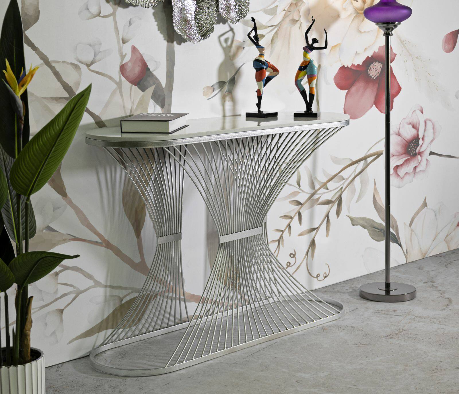 Consolle Branduzzo, Tavolo multiuso, Mobiletto d'appoggio, Scrivania da corridoio, 120x35 h79 cm, Argento