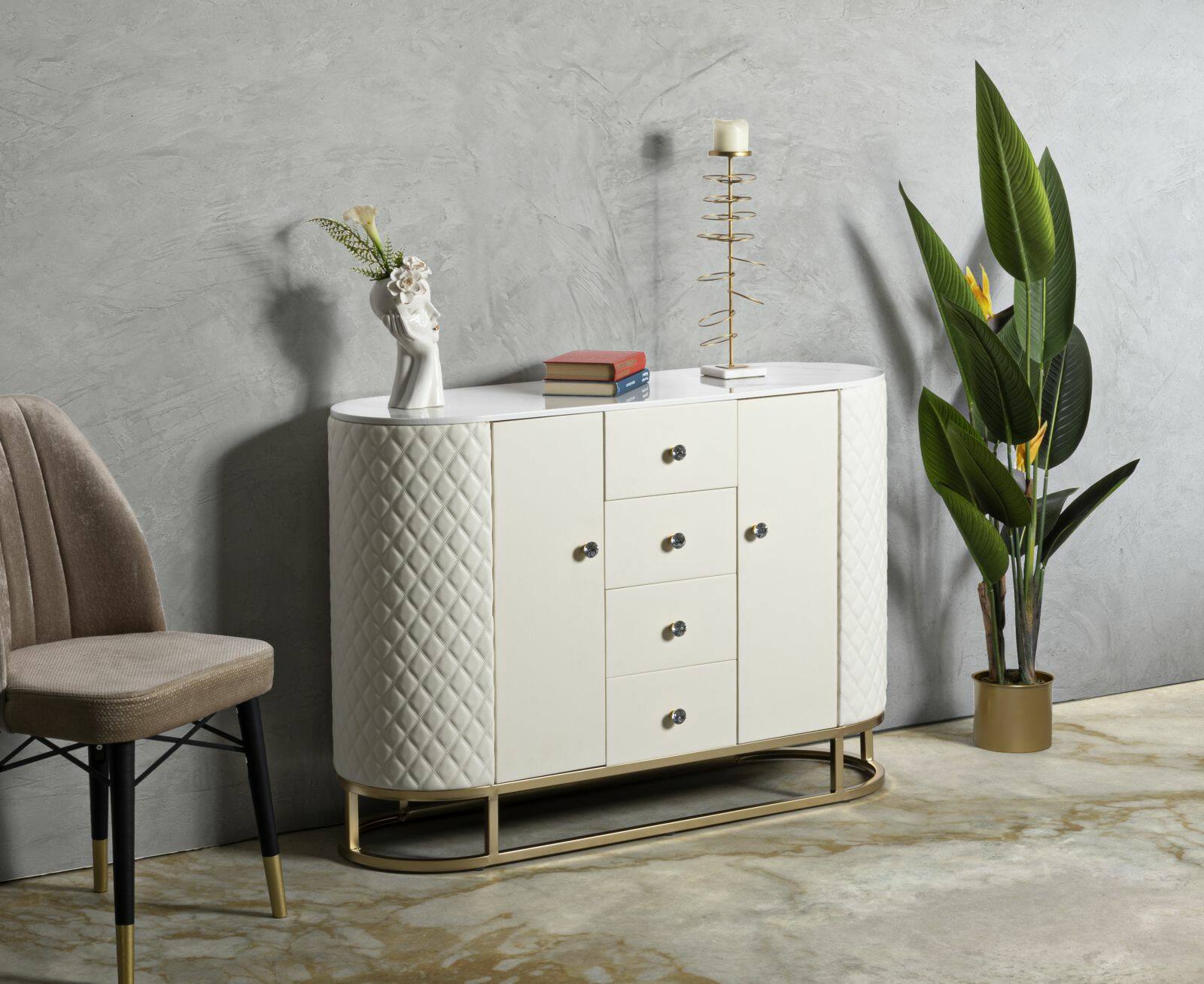 Credenza Grotte, Buffet da soggiorno, Madia da salotto, Dispensa da cucina, 120x40 h85 cm, Bianco e Oro