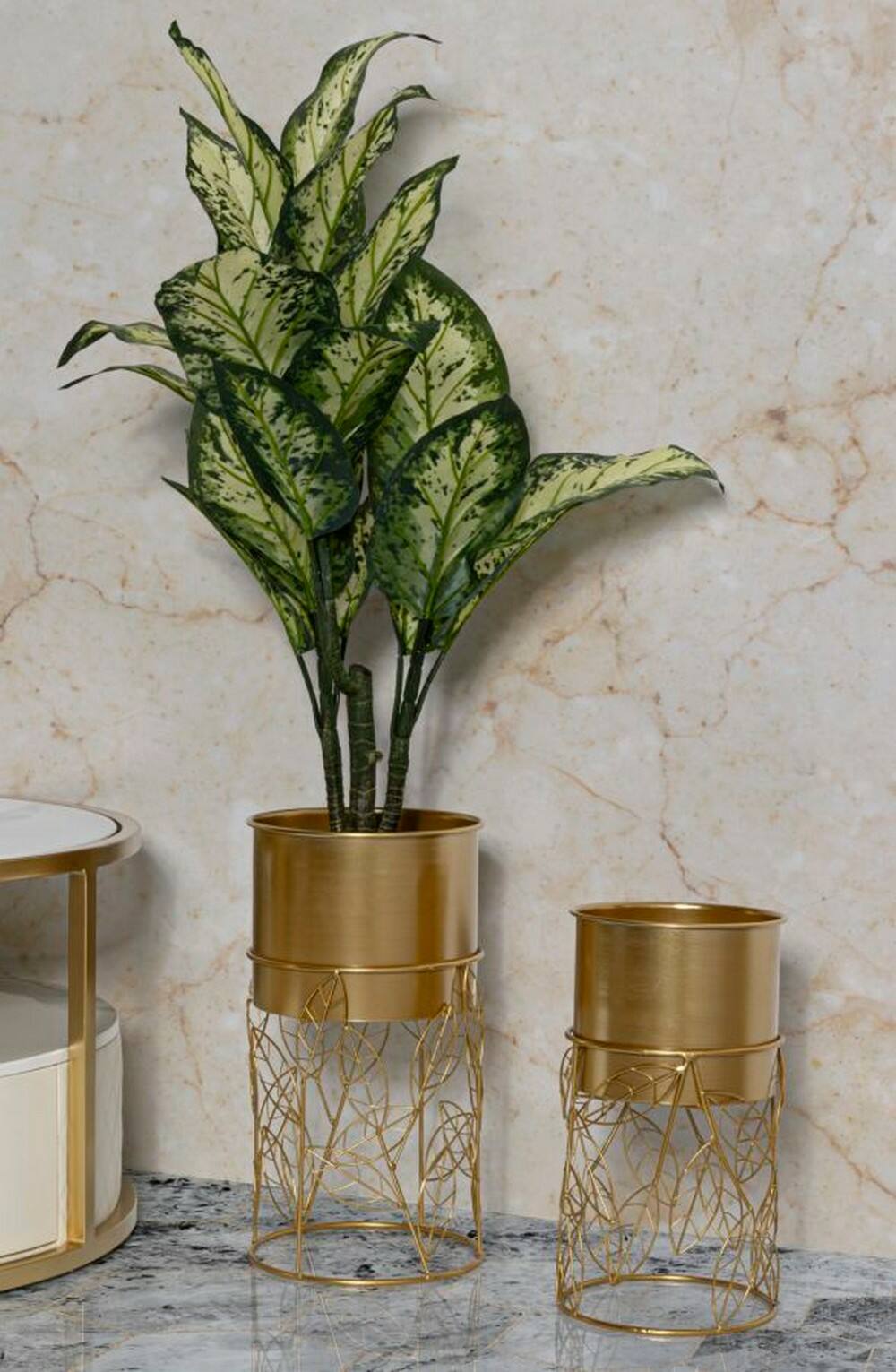 Set di 2 portavasi Godego, Complemento d'arredo, Articolo decorativo, Accessorio d'arredo, 23x23 h43 cm, Oro