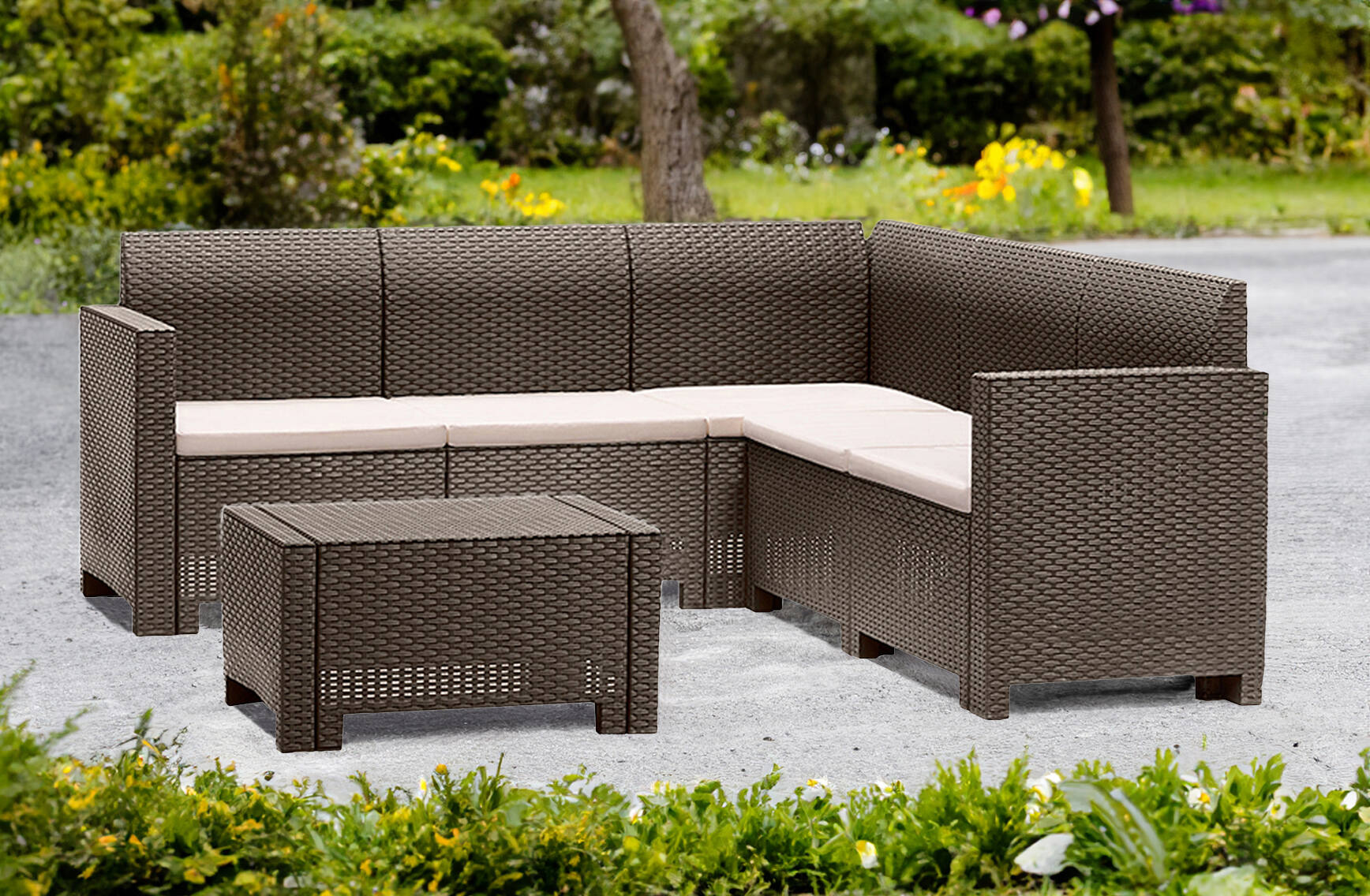 Set salotto da esterno Somnus, Salottino outdoor, Set da balcone o giardino, Composizione soggiorno per esterni, Made in Italy, Tortora