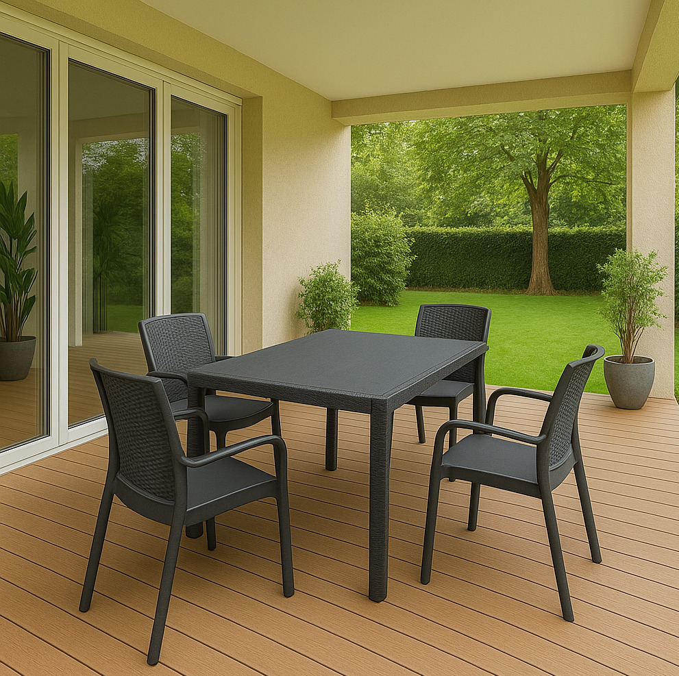 Set salotto da esterno Sover, Salottino outdoor e indoor, Tavolo rettangolare fisso con 4 sedie impilabili, Made in Italy, Antracite