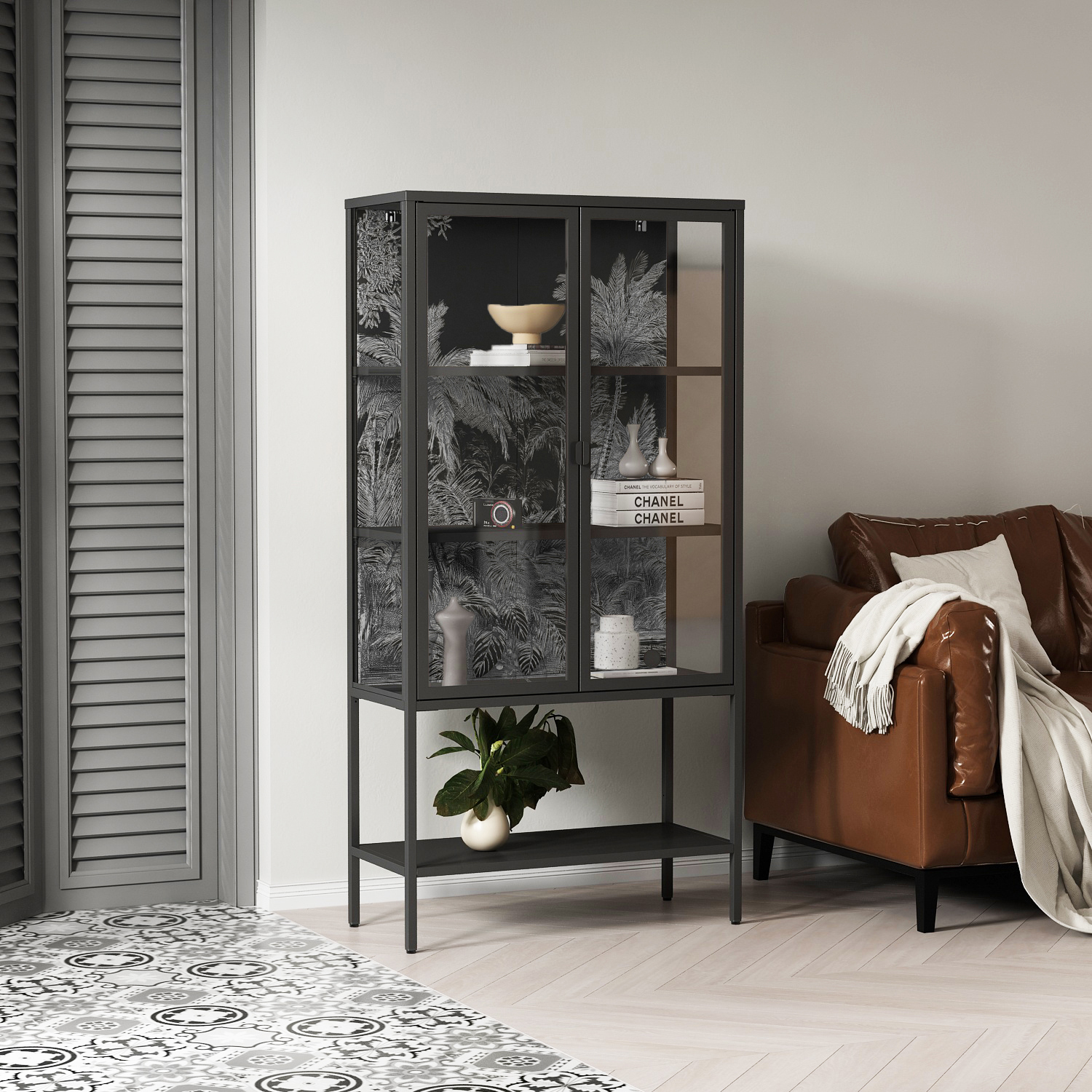 Vetrina Busseto, Credenza espositiva, Vetrinetta multiuso, Madia da soggiorno, 80x35 h160 cm, Ardesia