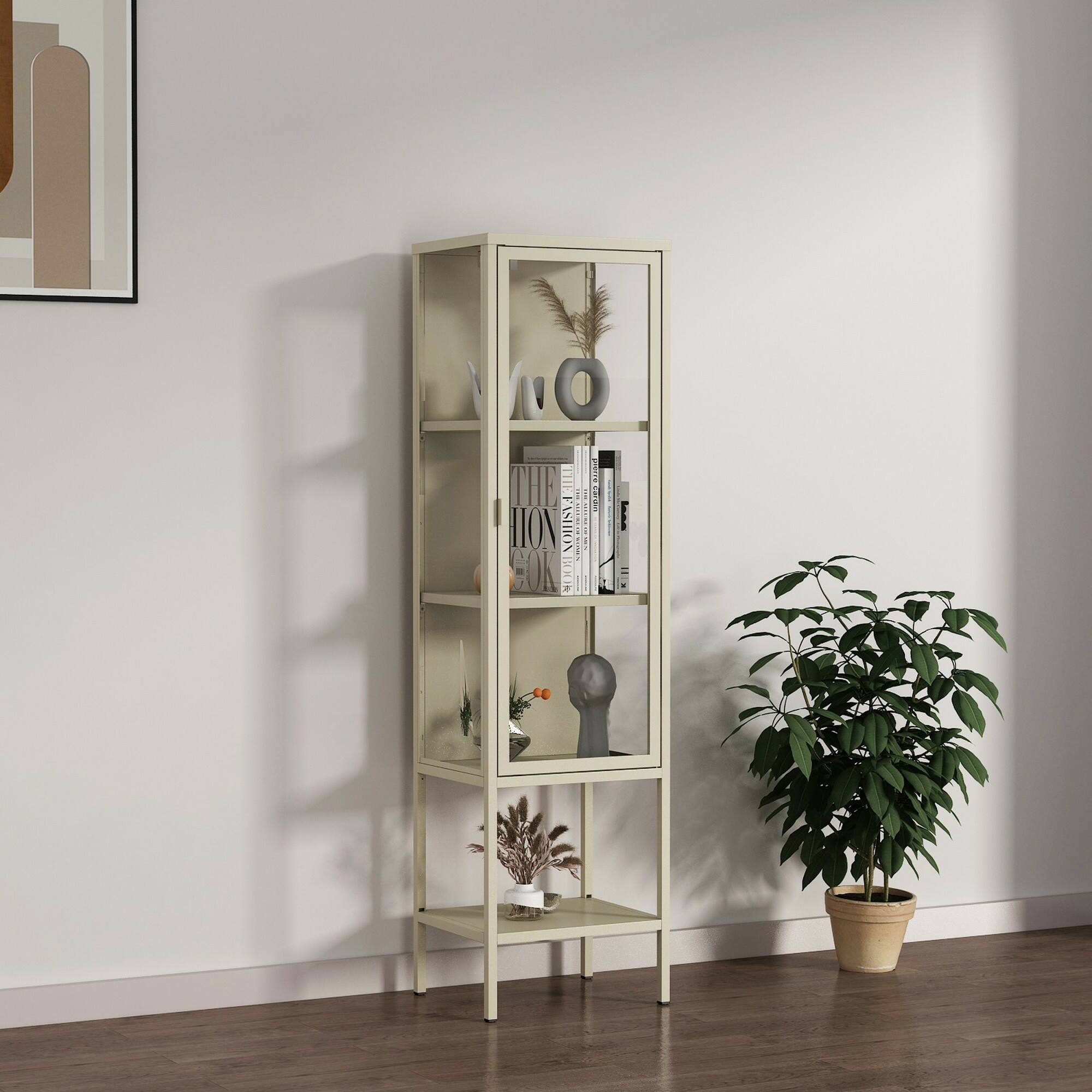 Vetrina Laces, Credenza espositiva, Vetrinetta multiuso, Madia da soggiorno, 42x35 h160 cm, Panna