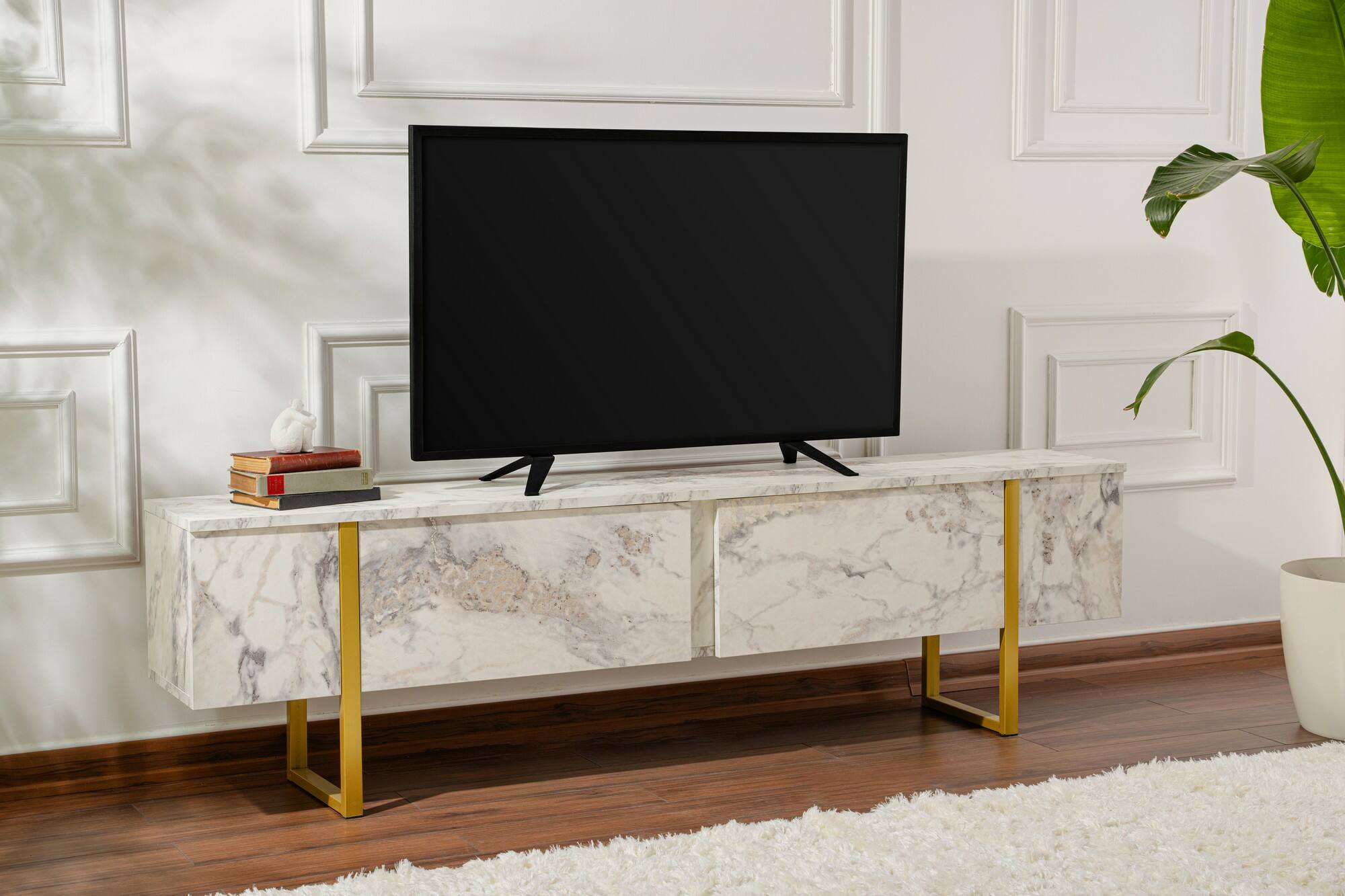 Mobile porta TV Lilith, Credenza da soggiorno, Armadio basso per TV, Base parete attrezzata, 180x30 h50 cm, Marmo e Oro