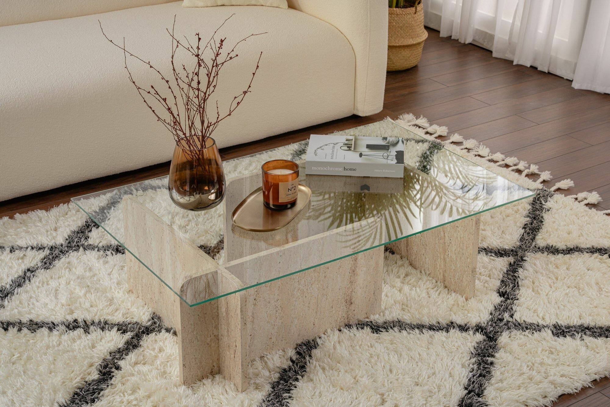 Tavolino da salotto Rhysand, Tavolo basso da caffè, Portariviste per divano, Ripiano da soggiorno, 105x65 h30 cm, Beige e Marmo