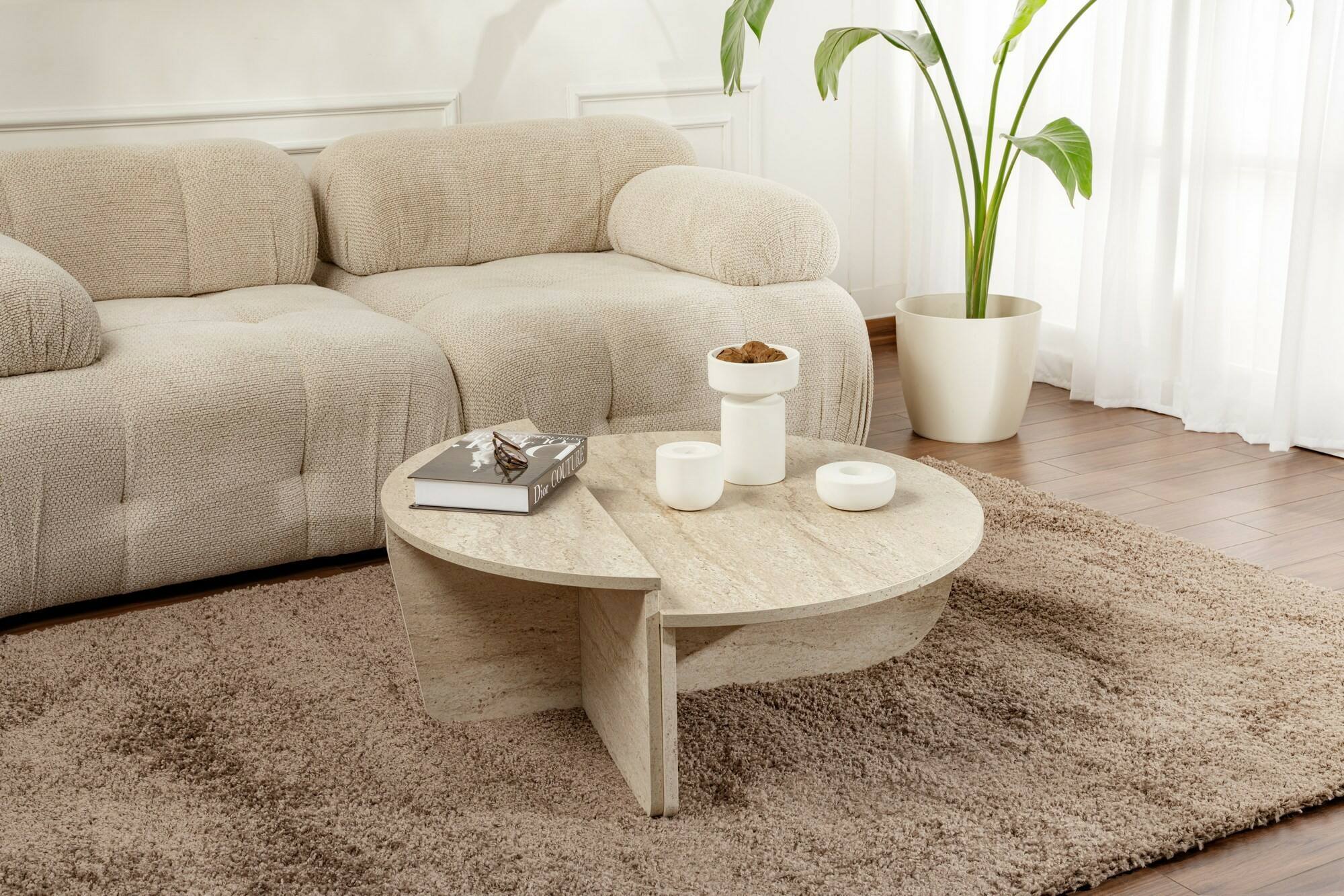 Tavolino da salotto Feyre, Tavolo basso da caffè, Portariviste per divano, Ripiano da soggiorno, 90x60 h35 cm, Beige e Marmo