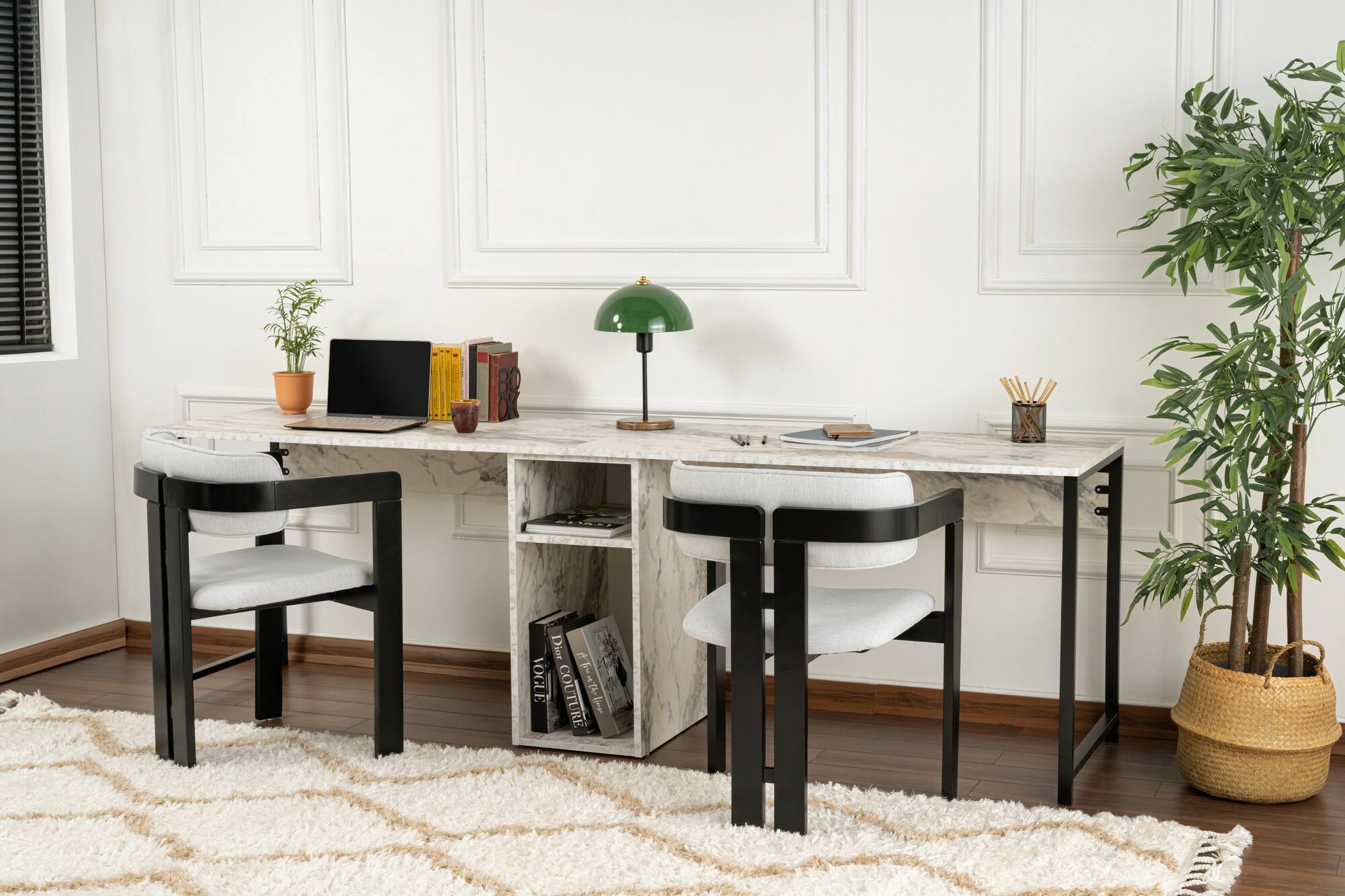 Scrivania Violet, Scrittoio multiuso, Tavolo per ufficio porta PC, Piano di lavoro, 240x60 h74 cm, Marmo e Nero