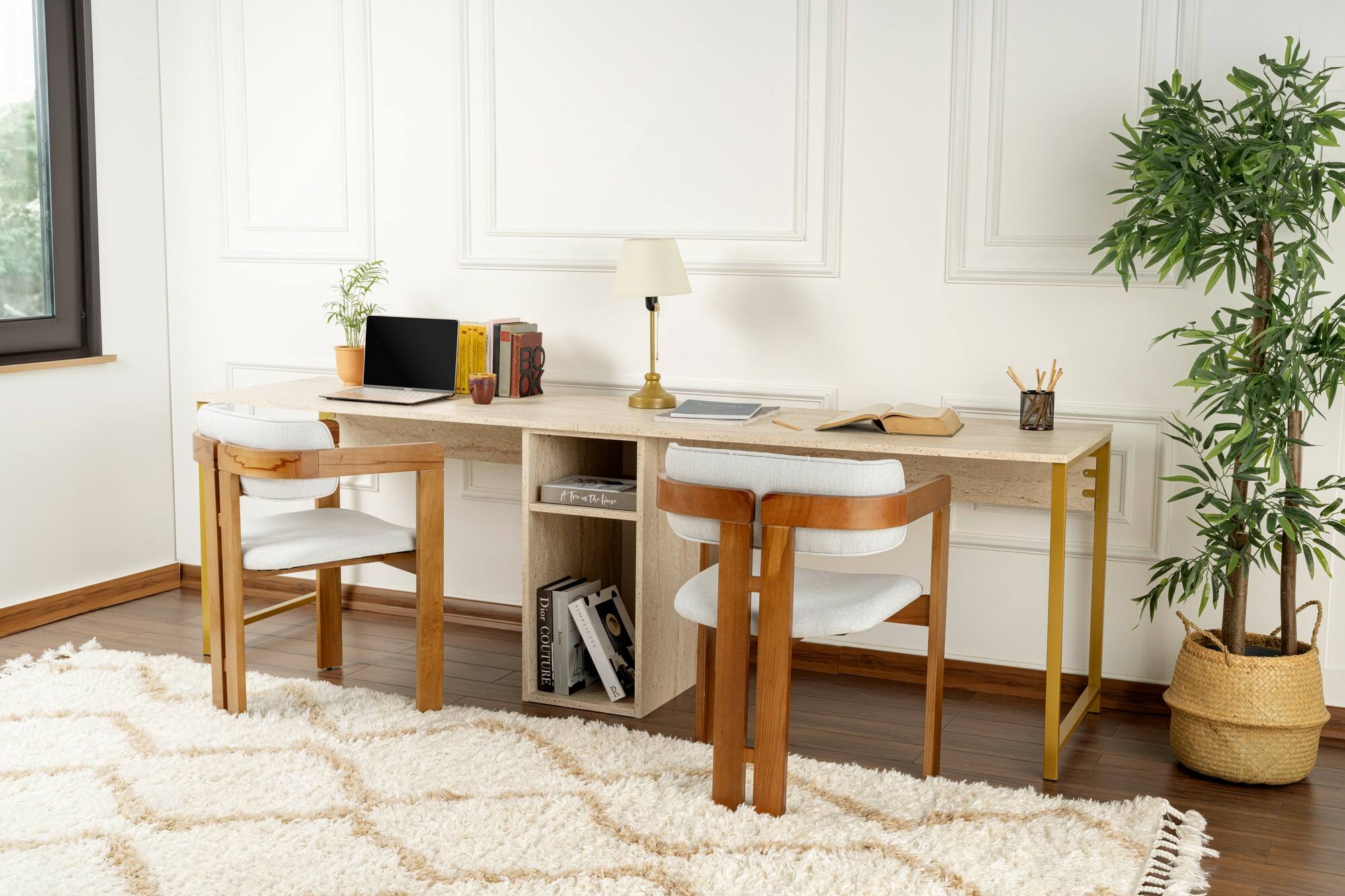 Scrivania Violet, Scrittoio multiuso, Tavolo per ufficio porta PC, Piano di lavoro, 240x60 h74 cm, Beige e Oro