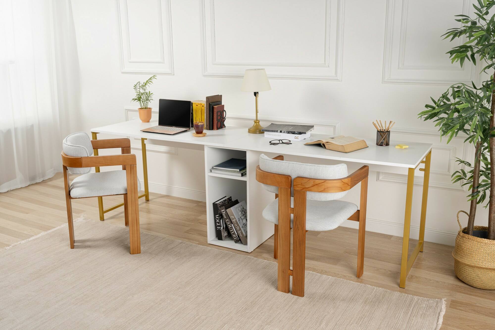 Scrivania Violet, Scrittoio multiuso, Tavolo per ufficio porta PC, Piano di lavoro, 240x60 h74 cm, Bianco e Oro