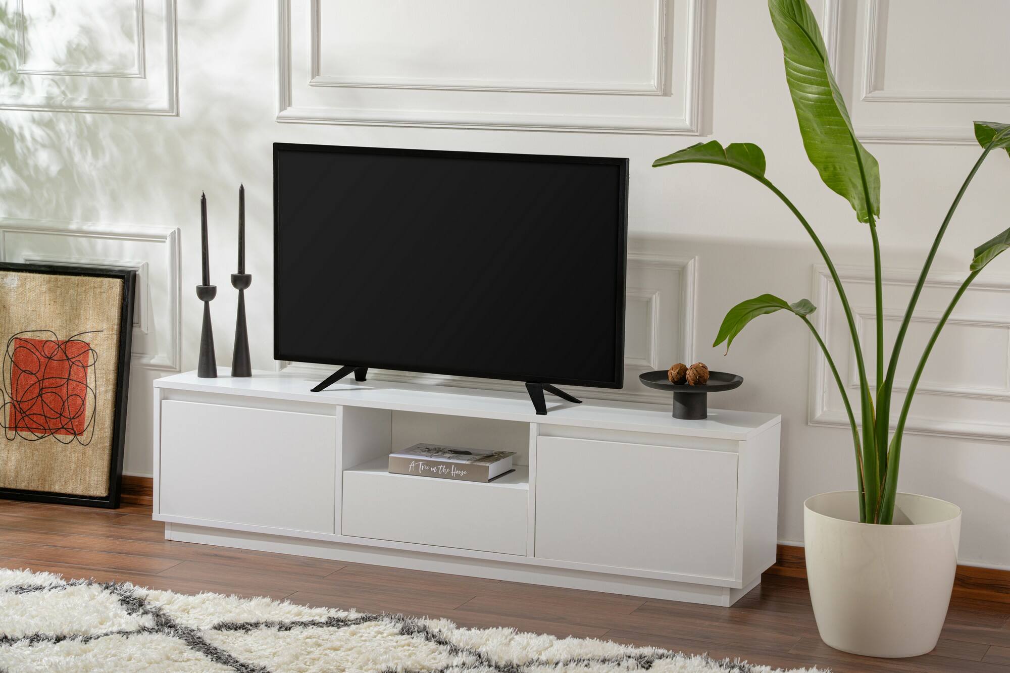 Mobile porta TV Morrigan, Credenza da soggiorno, Armadio basso per TV, Base parete attrezzata, 160x30 h42 cm, Bianco