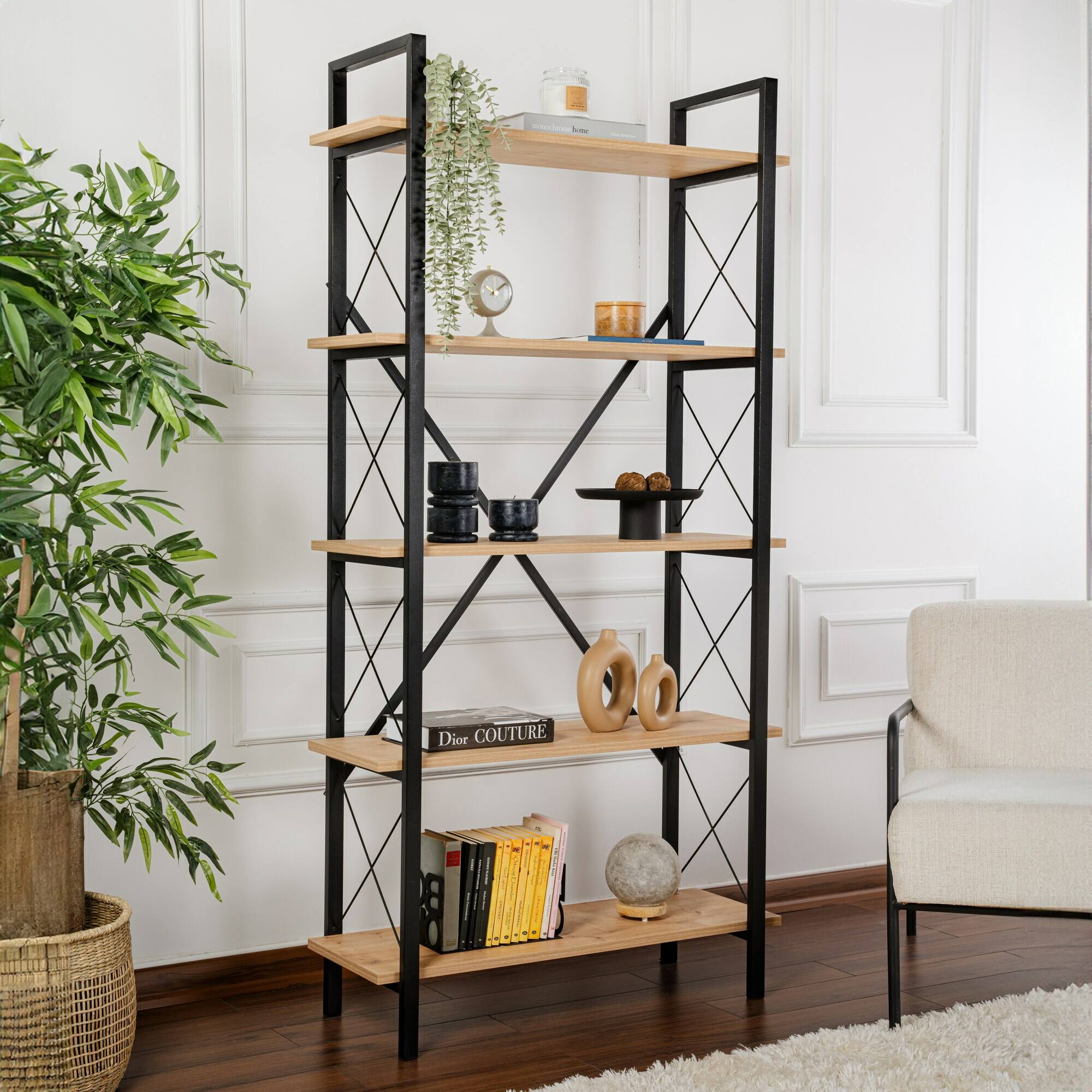 Libreria Suriel, Scaffale da ufficio, Mobile portalibri, Biblioteca, 90x34 h180 cm, Quercia e Nero