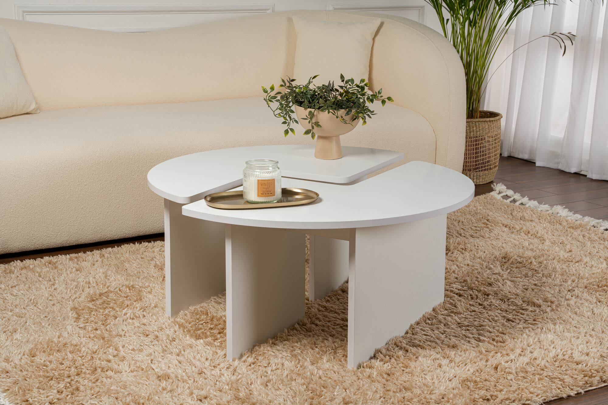 Tavolino da salotto Tairn, Tavolo basso da caffè, Portariviste per divano, Ripiano da soggiorno, 90x90 h41 cm, Bianco e Naturale