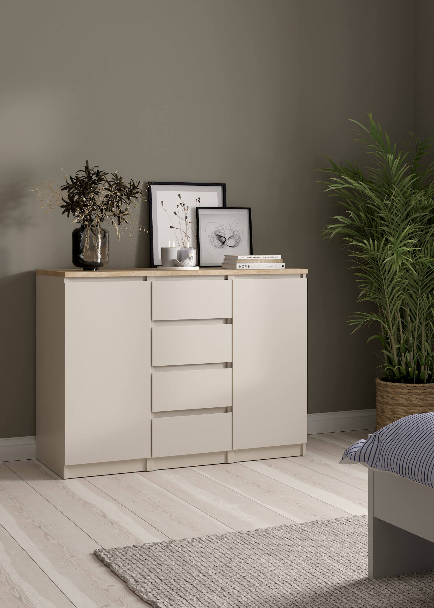 Credenza Qorina, buffet da soggiorno con 2 ante e 4 cassetti, madia da salotto e dispensa da cucina, 121x50 h91 cm, Beige