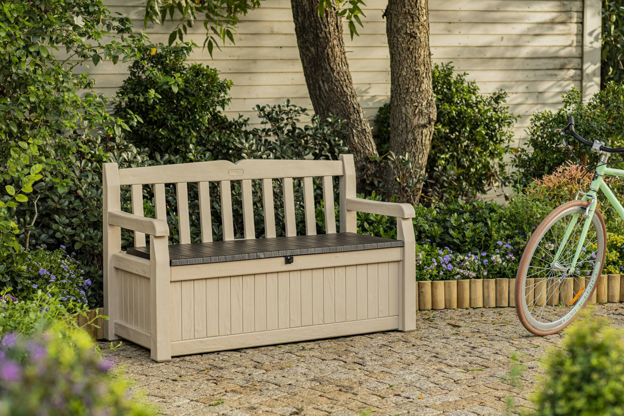 Cassapanca outdoor Chestermere, Baule da giardino, Contenitore da esterno, Panchina contenitore da esterno, 140x60 h84 cm, Beige e Marrone