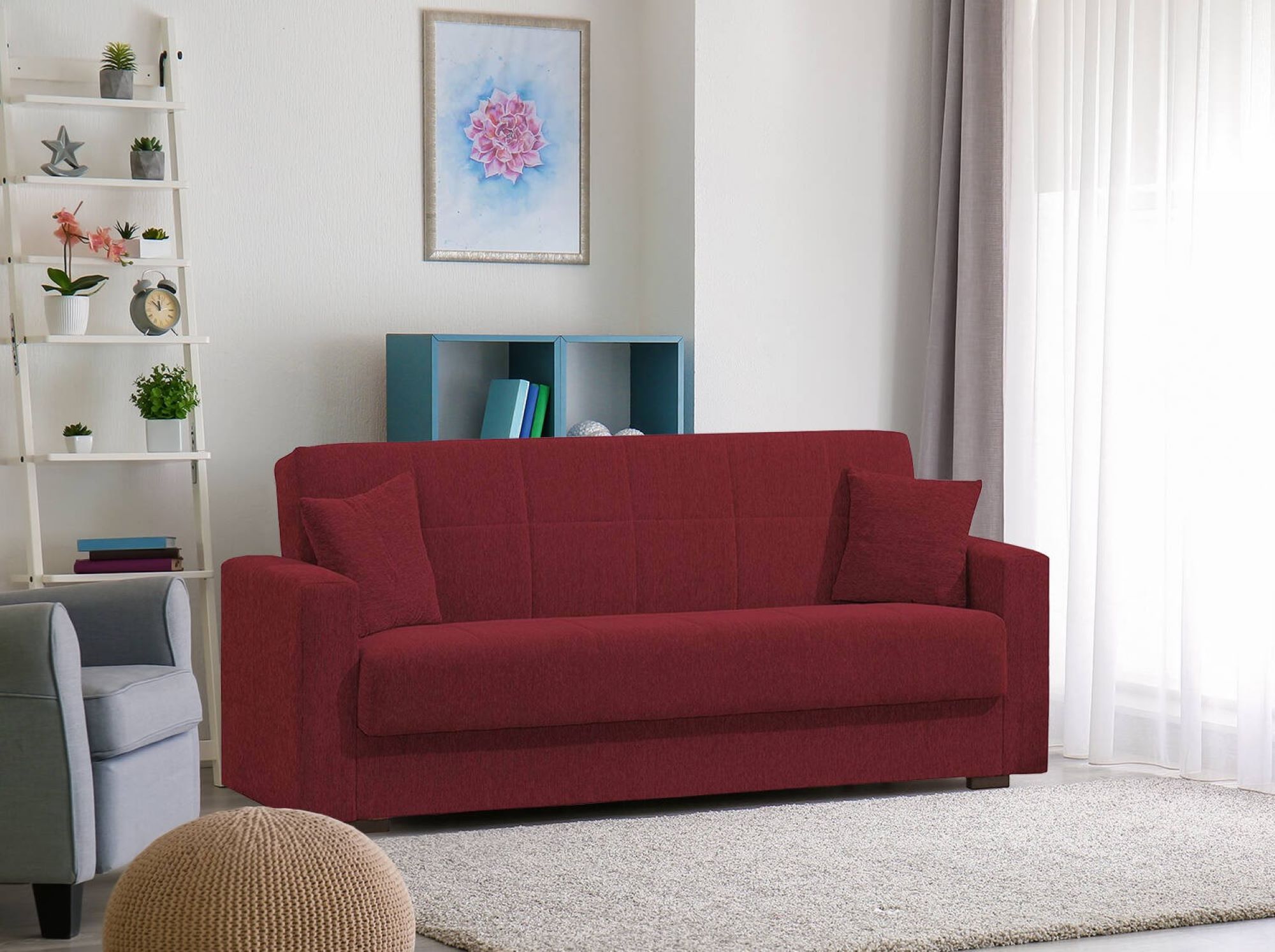 Divano letto Ambrogino, Divano letto contenitore lineare a 3 posti, SofÃ  da soggiorno in tessuto imbottito con apertura click-clack, Cm 212x80h87, Rosso